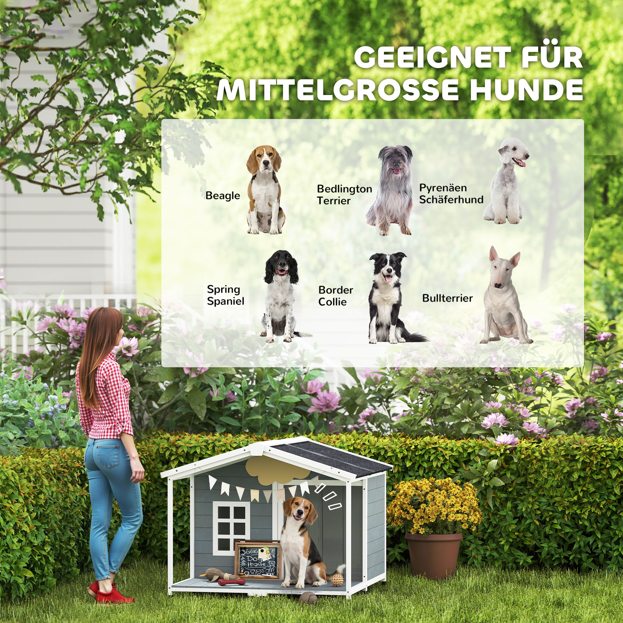 Hundehütte wetterfestes erhöhtes Hundehaus aus Holz mit Asphaltdach, Terrasse, für mittelgroße Hunde 103x107x83,5cm Grau