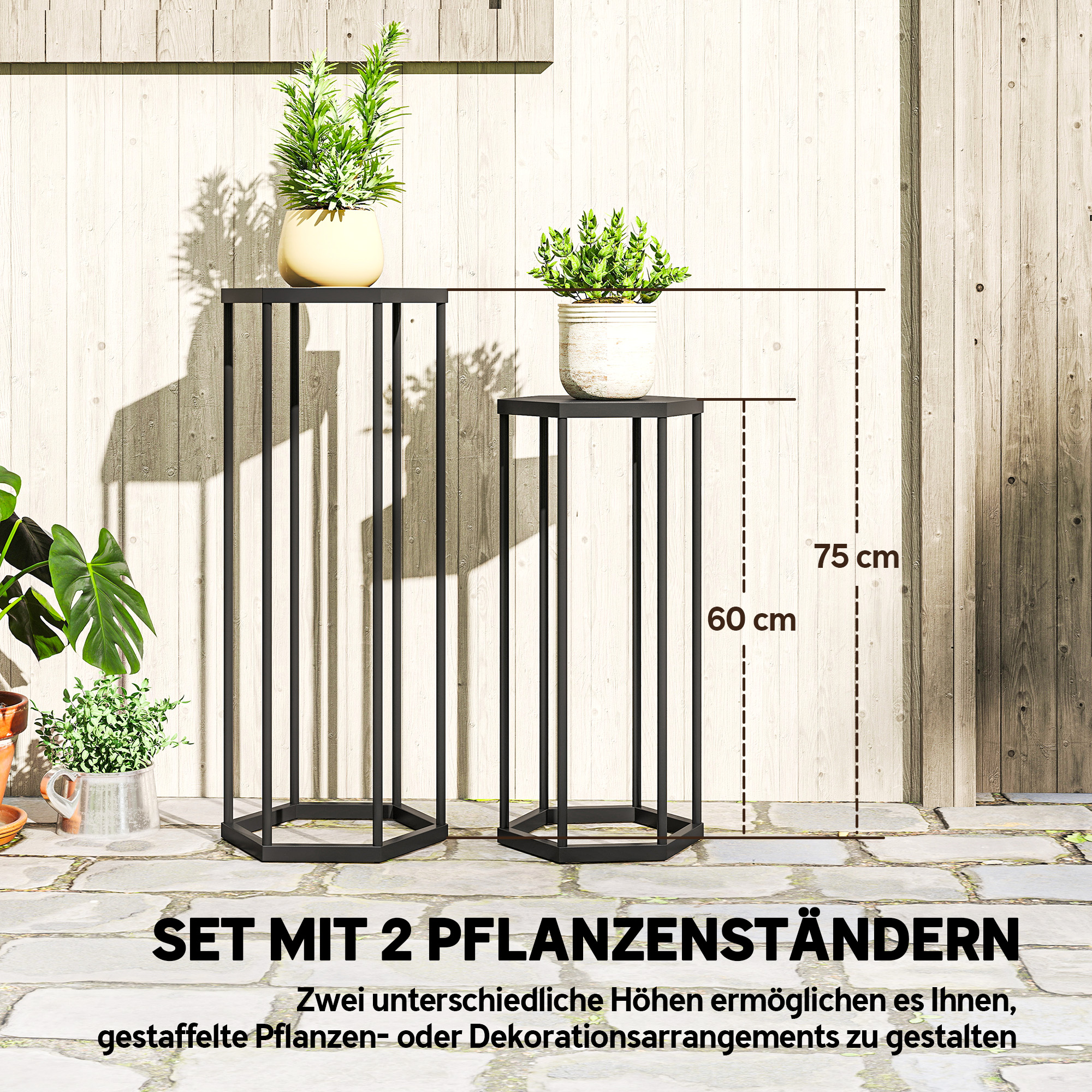 2er-Set Pflanzständer für Innen- und Außenbereich, Hexagonale Metall-Blumentopfhalter für Garten, Terrasse, Balkon