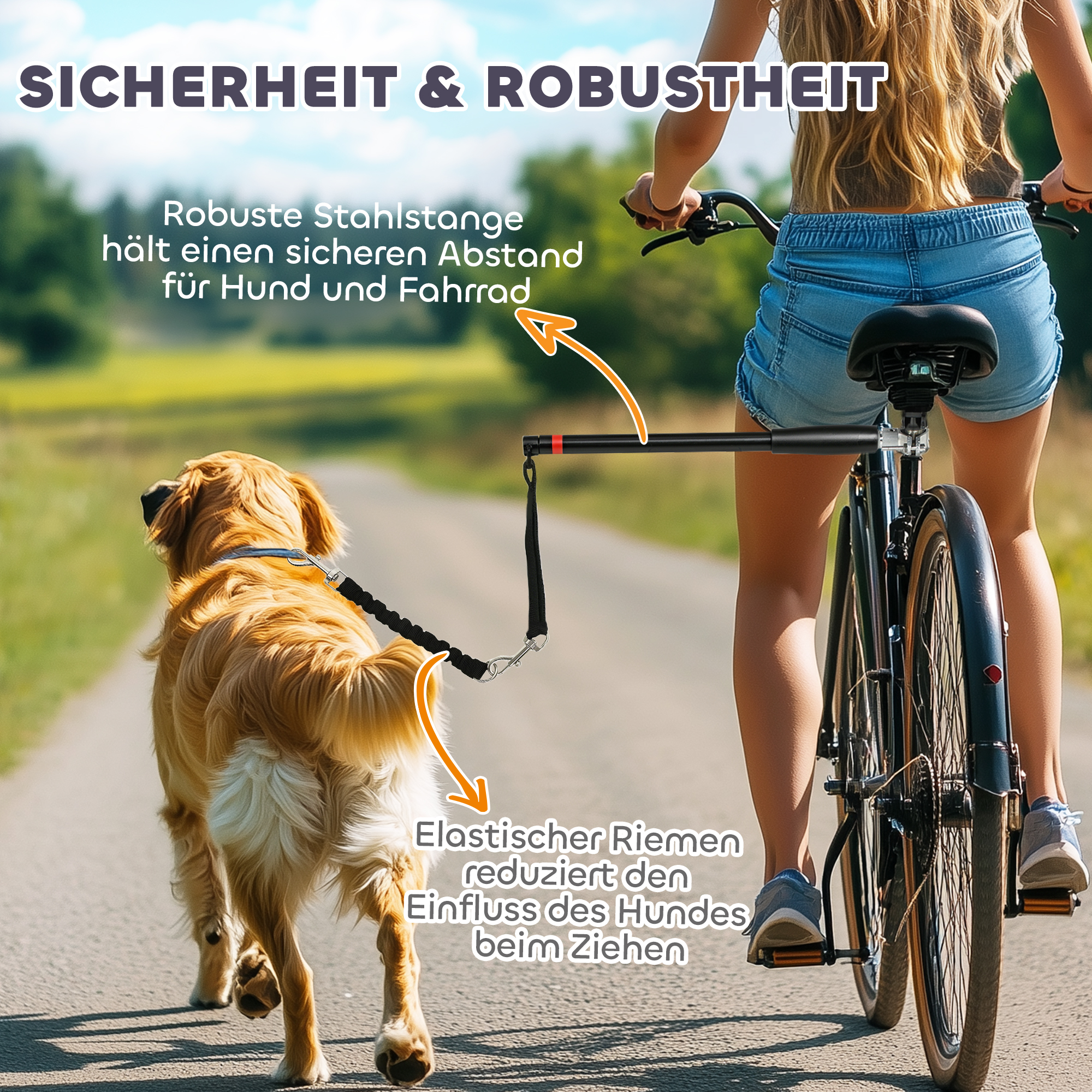 Hundeleine fürs Fahrrad, elastisches Seil, Stahlrohr, 124 cm, Schwarz