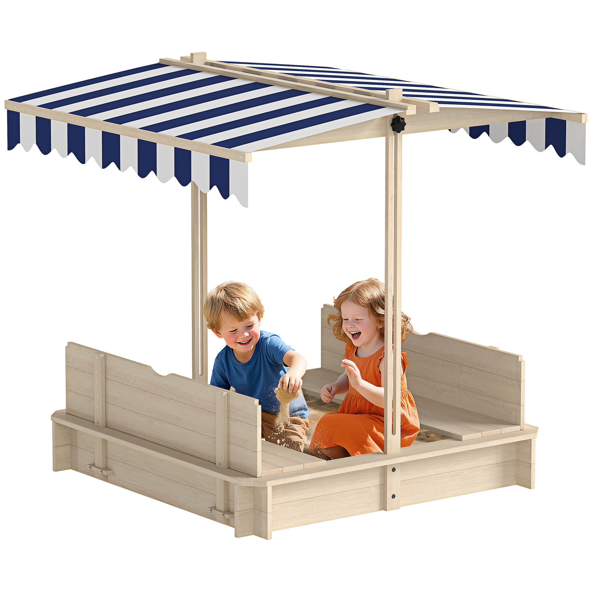 Sandkasten 106x106 cm Kinder Sandbox mit höhenverstellbar Abdeckung, Sandkiste aus Holz mit Sitzbänken Rücklehnen für Outdoor Garten Terrasse Balkon