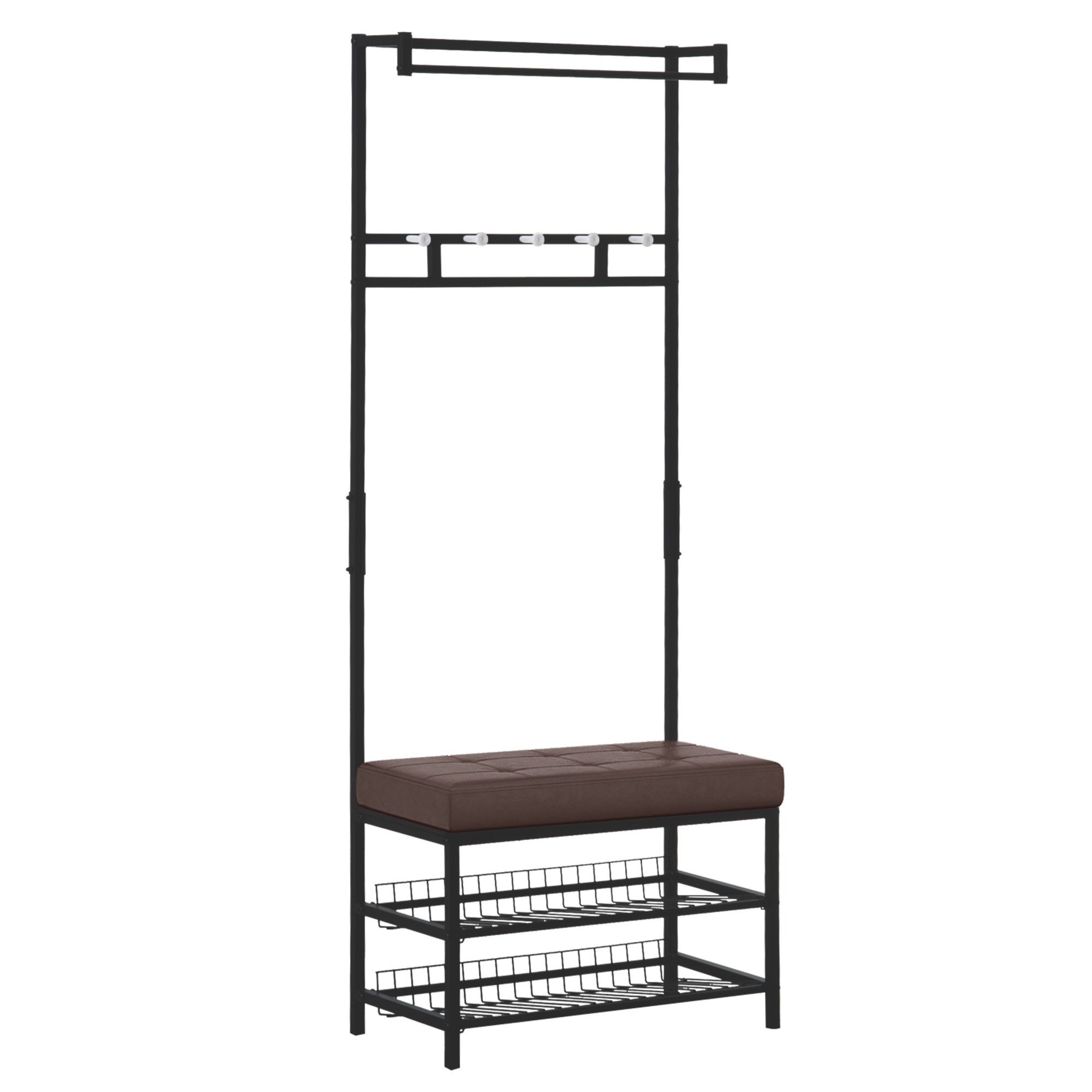 Garderobenständer Kleiderständer mit 5 Haken und Schuhbank mit 2 Ebenen Garderobe aus Metall für Flur, Schlafzimmer, 72,5 x35 x 180cm Garderobenständer Kleiderständer mit 5 Haken und Schuhbank mit 2 Ebenen Garderobe aus Metall für Flur, Schlafzimmer, 72,5 x35 x 180cm