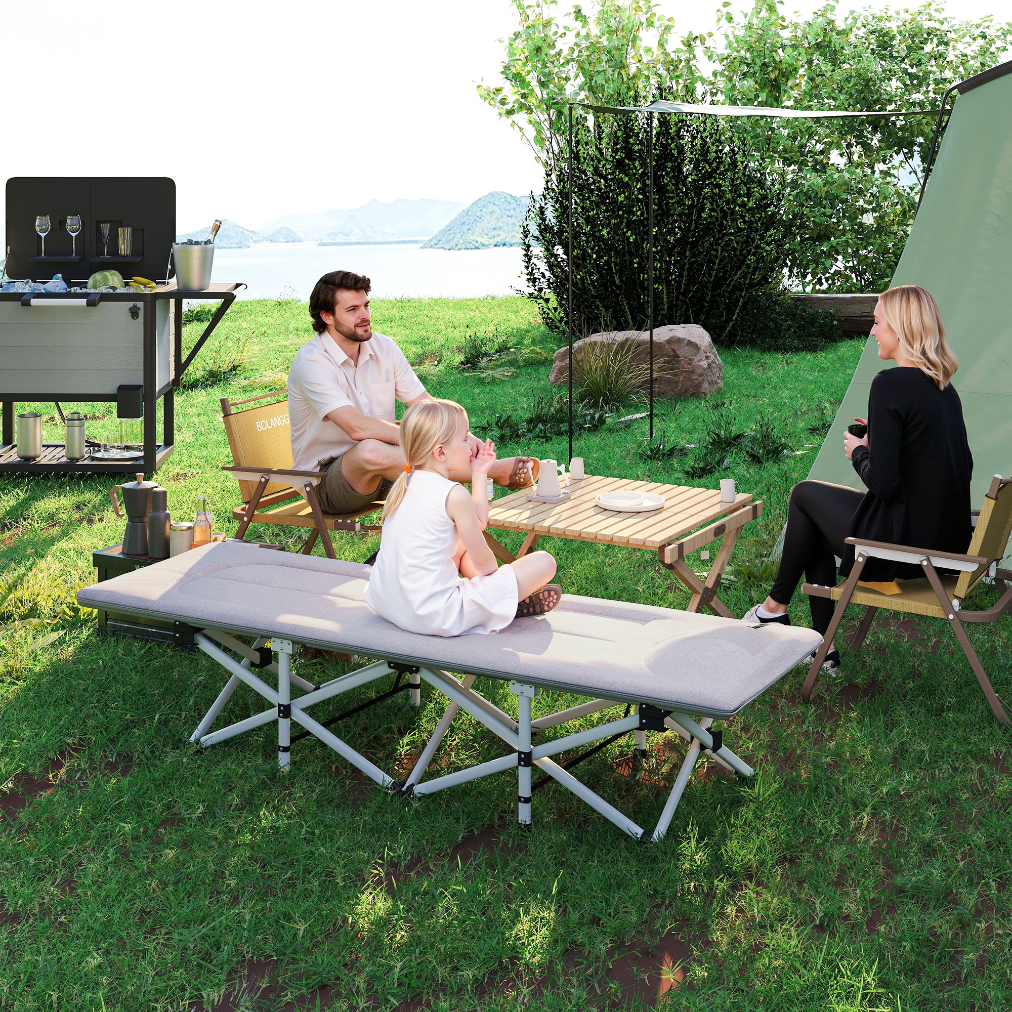 Feldbett, Campingbett, klappbar, weich, bis 200 kg, rostfreies Metallgestell, 200x65x42cm, Grau