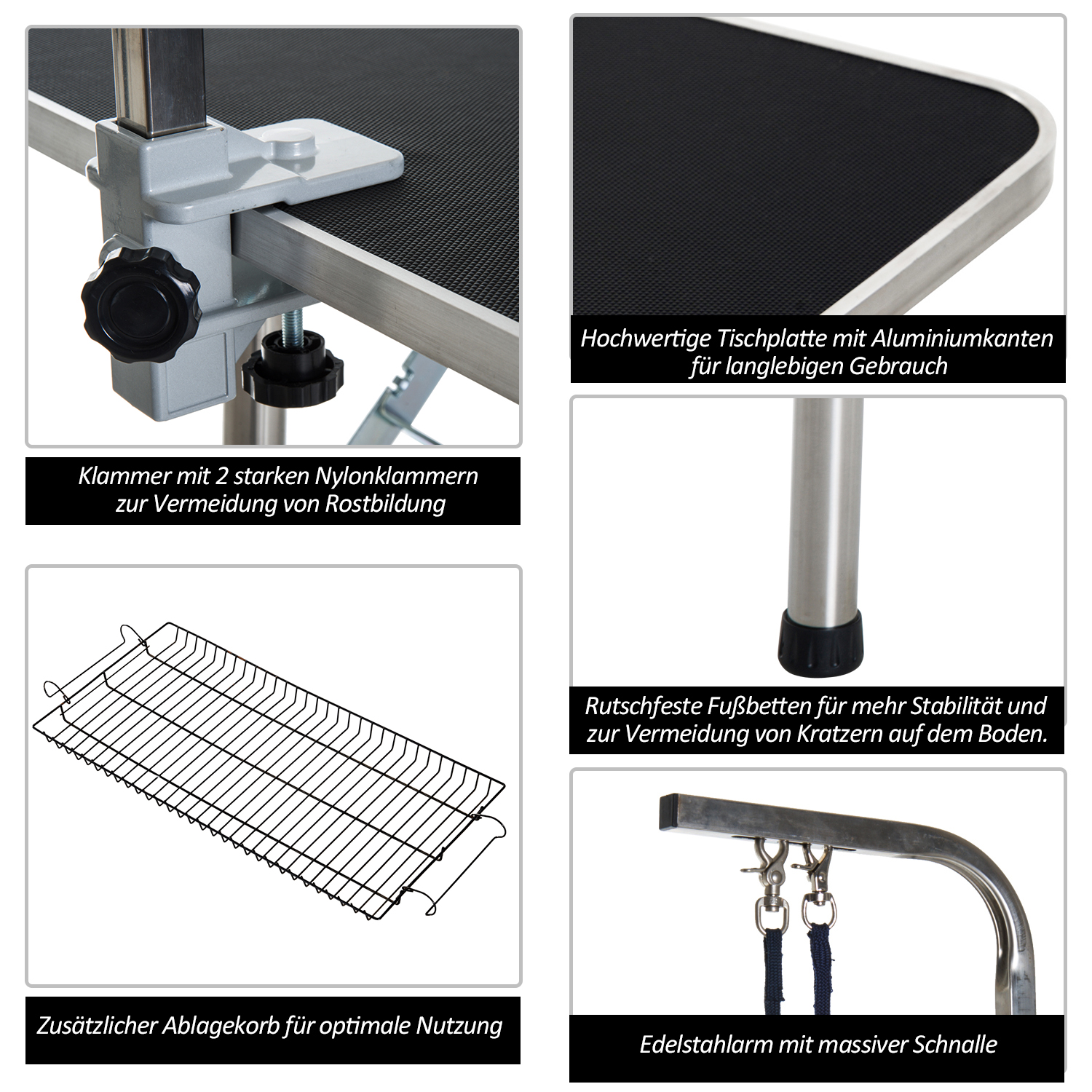 Trimmtisch für Hunde Hundepflegetisch klappbar, Haustierpflegetisch mit höhenverstellbarem Galgen, Schlingen, Netzkorb, Schertisch bis 150 kg, 90 x 60 x 75 cm, Schwarz