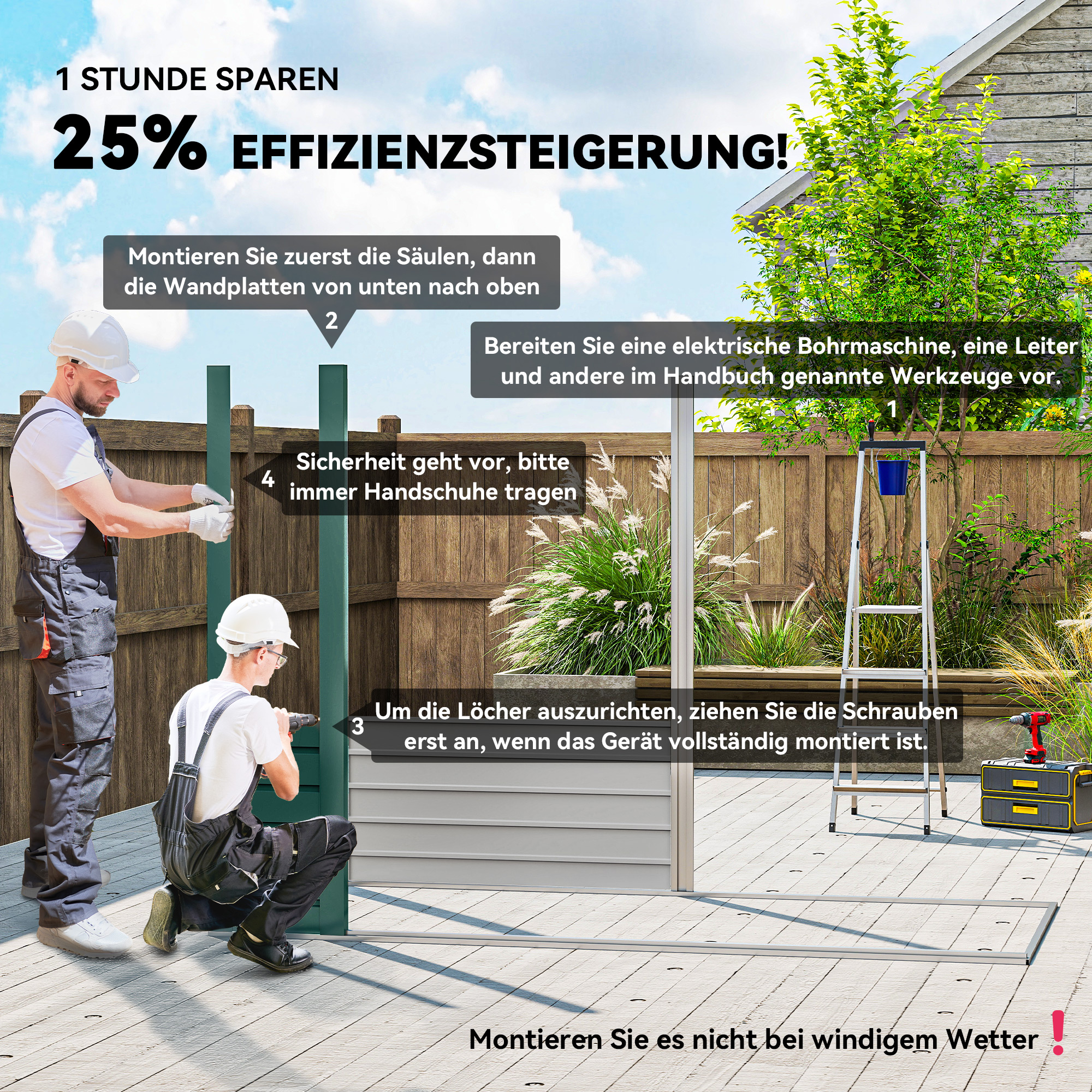 Gerätehaus, Metall-Gartenhaus mit Pultdach, 249 x 121 x 166/183 cm, Einfache Montage, mit Doppeltüren, Grün