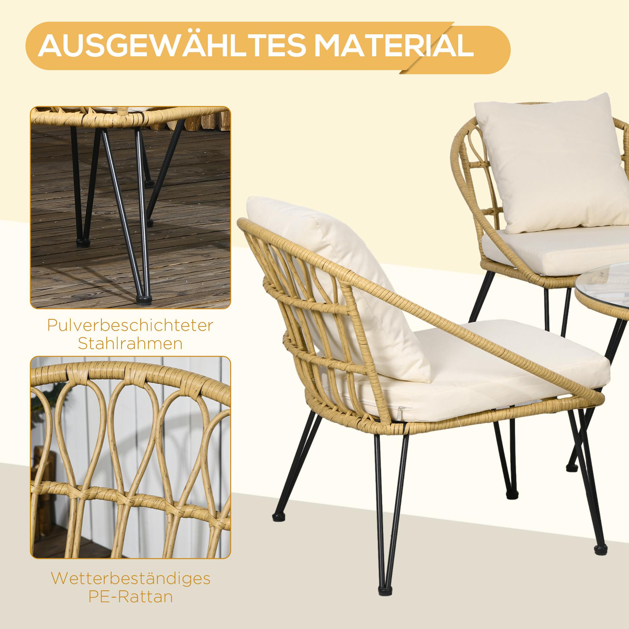 5-teilige Gartensitzgruppe, Boho-Stil, 1 Esstisch & 4 Stühle, Auflagen, Polyrattan, Beige/Natur