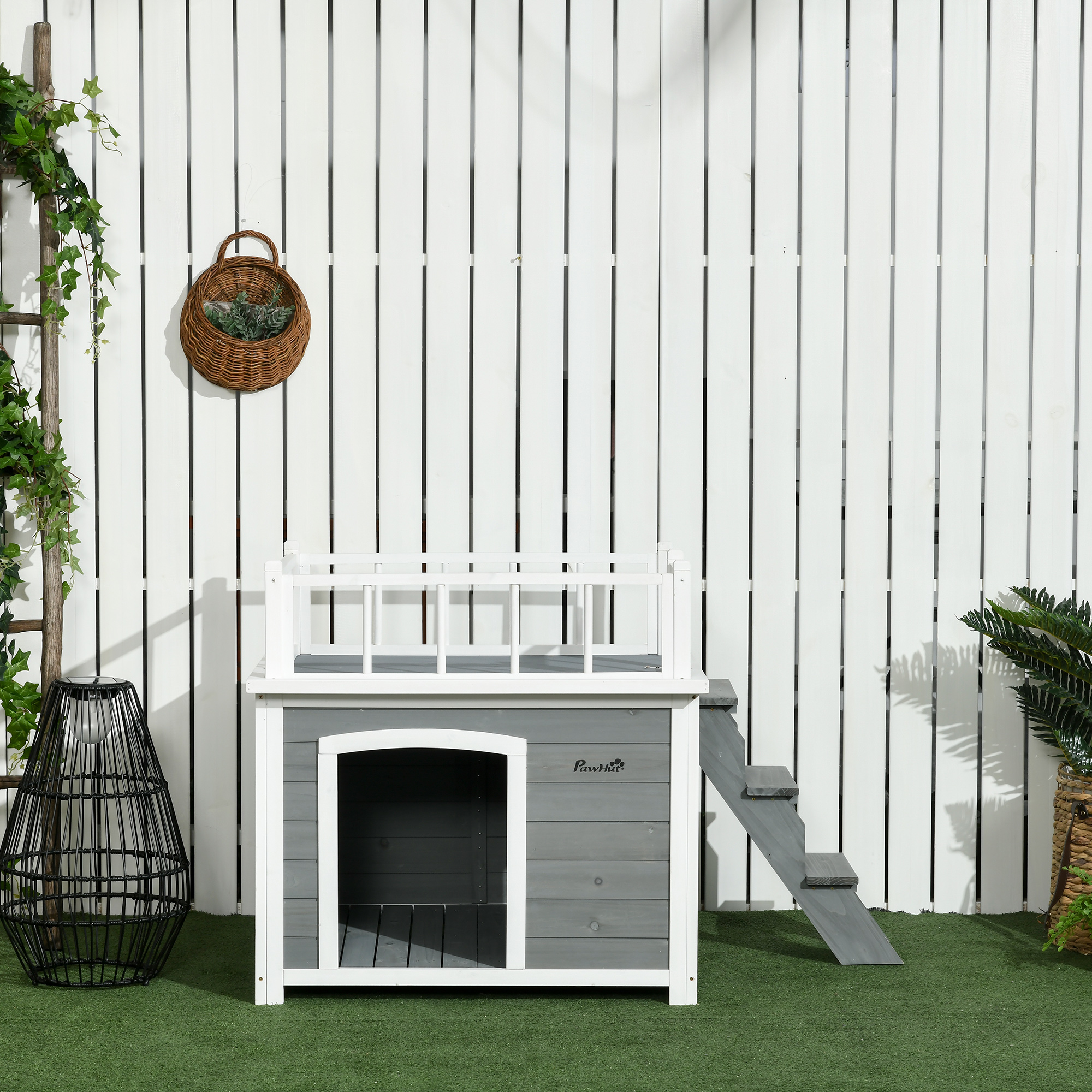 Hundehütte, Dachterrasse, Treppe, Fenster, Bodenabstand, Naturholz, hellgrau, 121 x 77 x 78cm