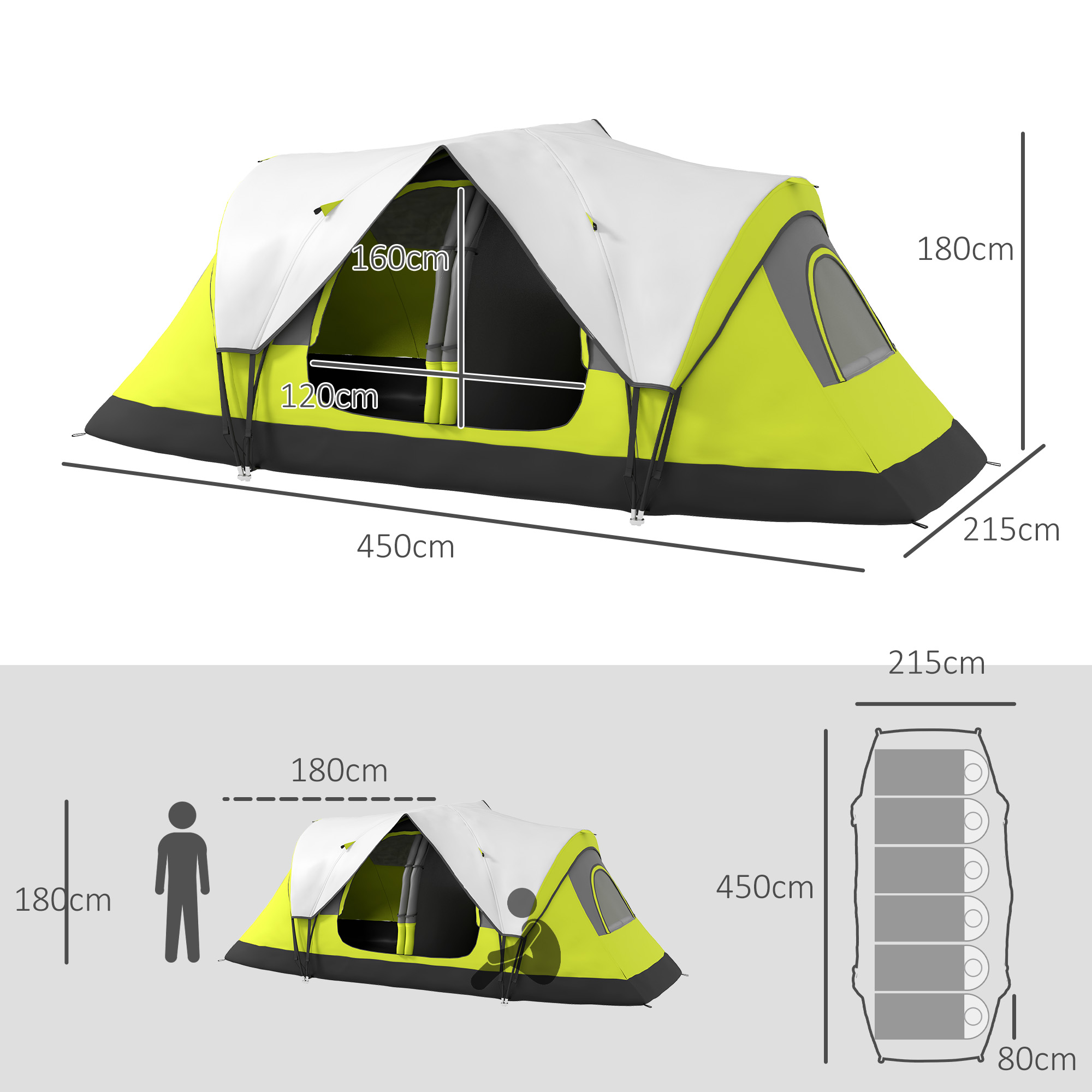 Campingzelt, 2 Räume, Trennwand, für 6-8 Personen, Regenschutz, Dunkelgrün