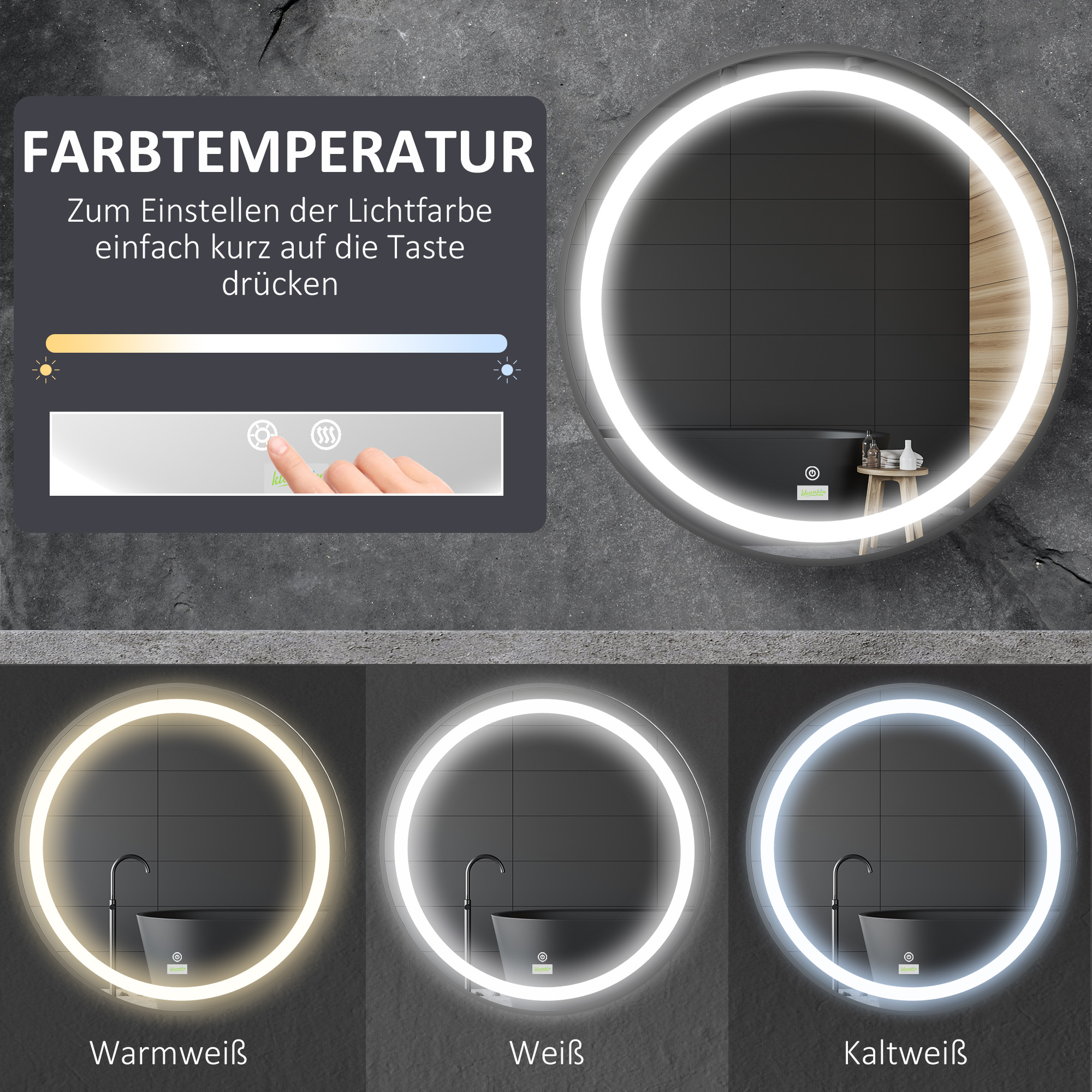 Badezimmerspiegel, LED-Beleuchtung, dimmbar, 3 Lichtfarben, Metallrahmen, Ø60 cm, Schwarz