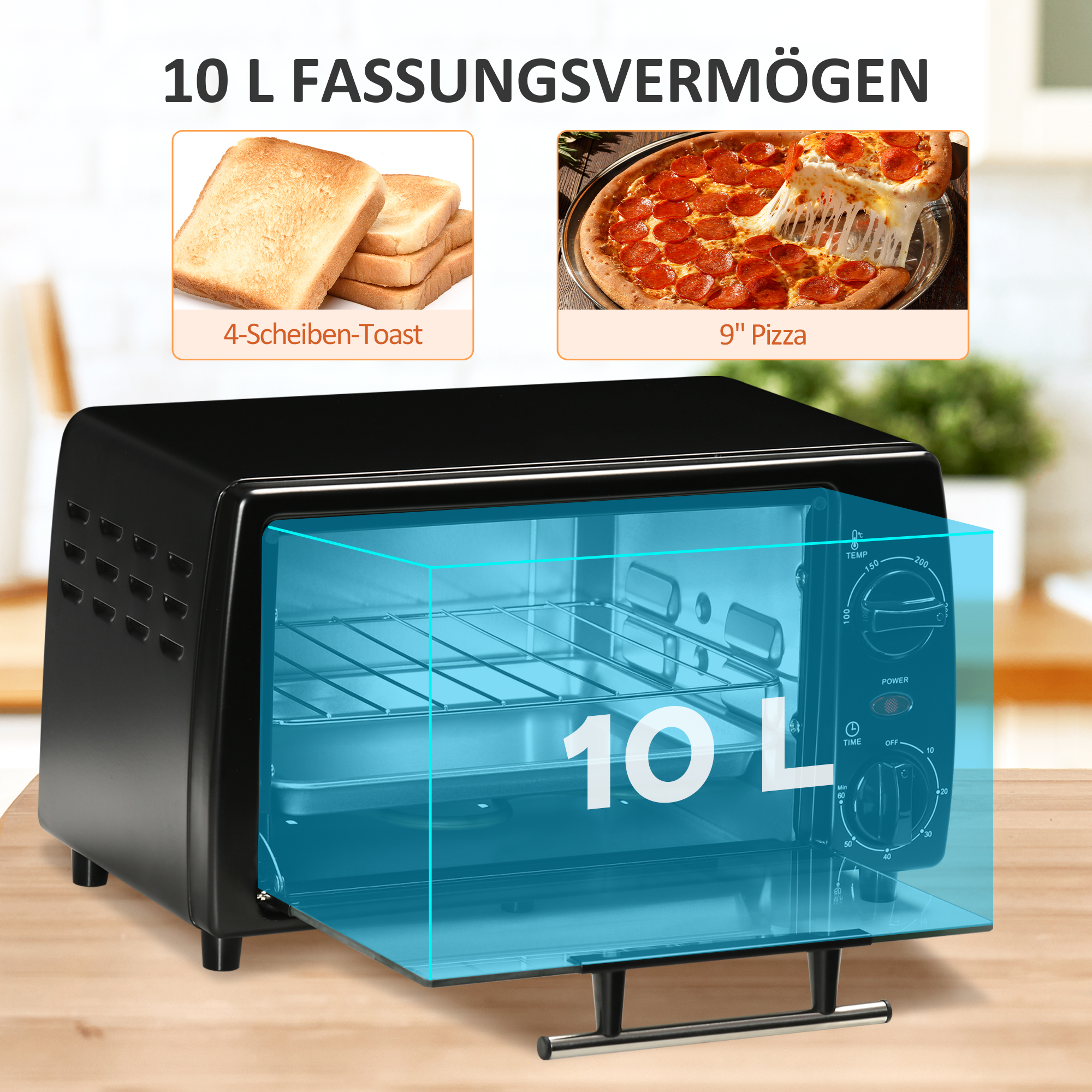 Mini-Ofen Toasterofen, 1 Backblech, 1 Grilrost, 10 L Kapazität, Timer-Funktion, 36,5 cm x 26 cm x 22 cm, Schwarz