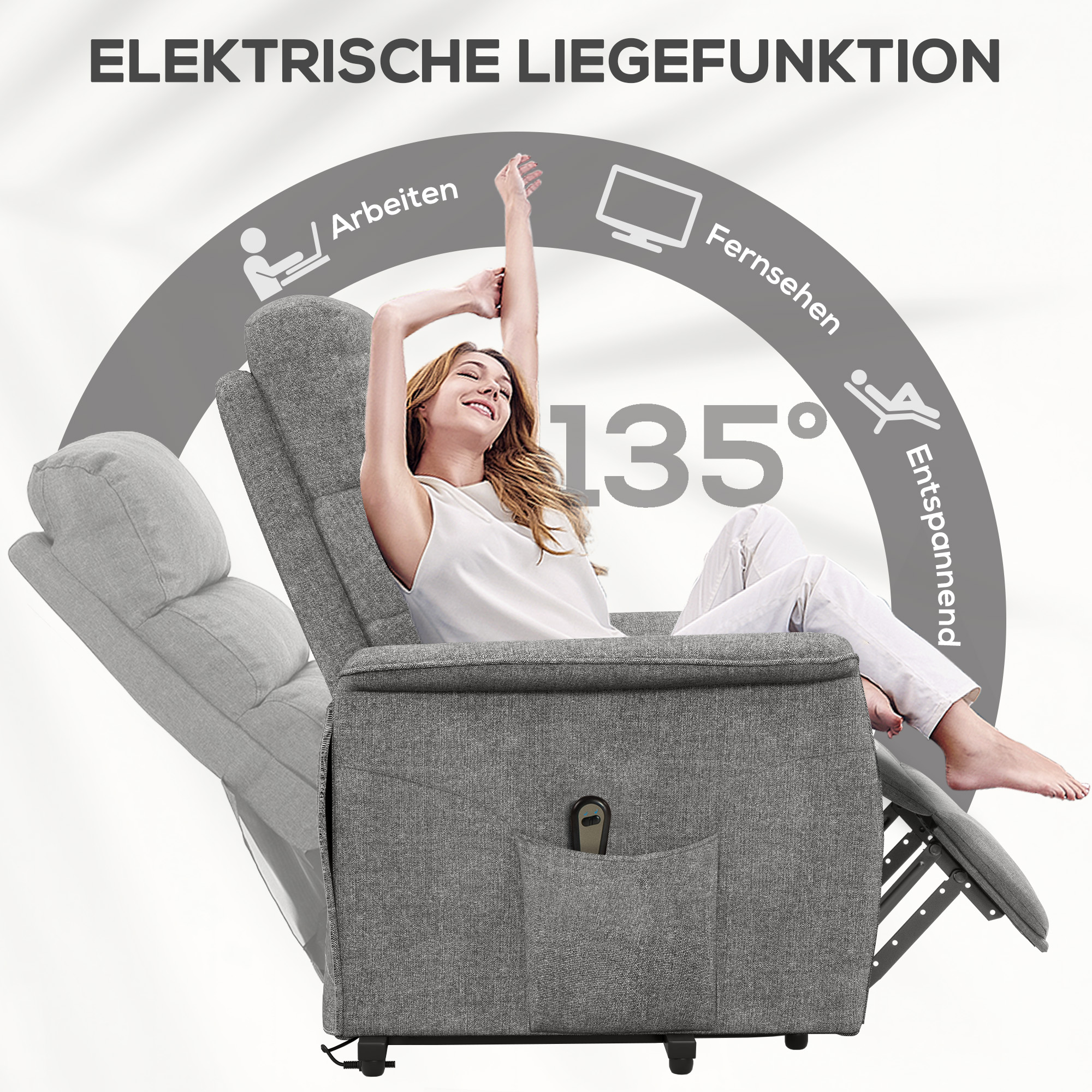 Relaxsessel mit Aufstehhilfe, verstellbare Rückenlehne/Fußstütze, bis 120 kg, 66 x 90 x 96 cm, Grau