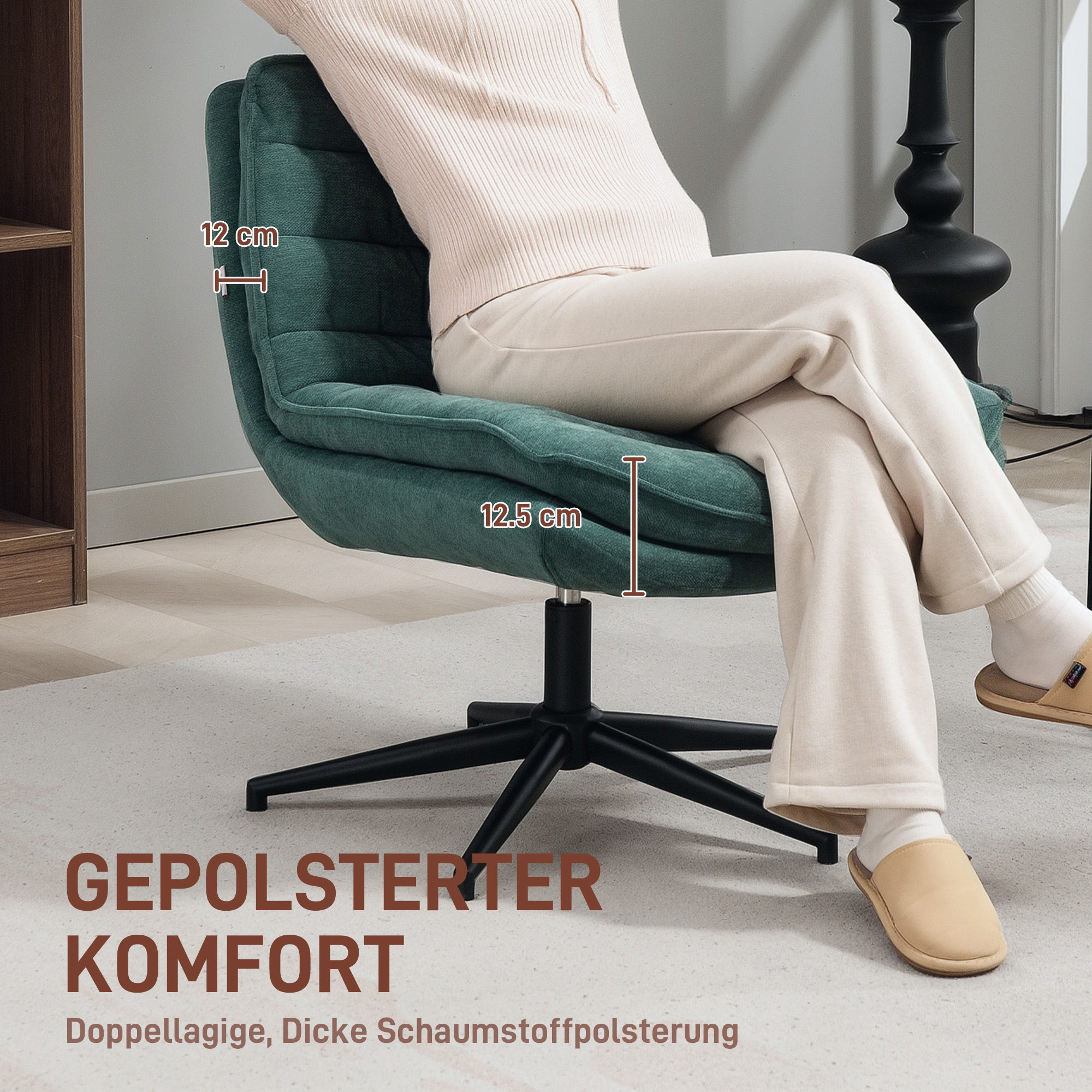 Drehbarer Bürostuhl mit breitem Sitz, Geräumiger Polsterstuhl fürs Büro, Arbeitszimmer, Dunkelgrün