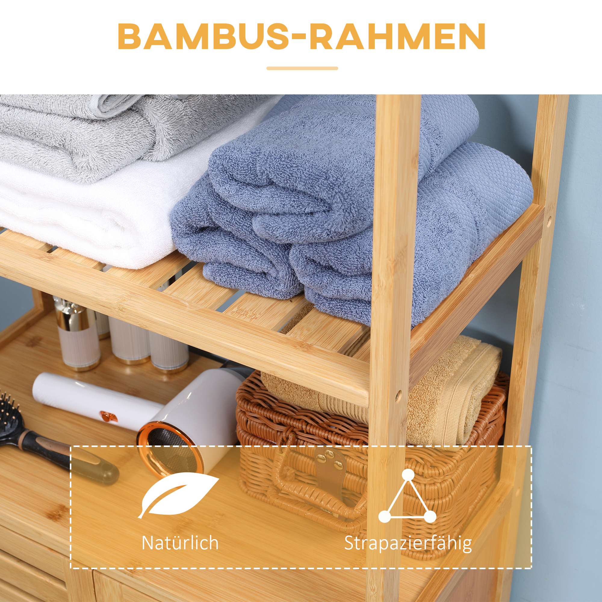 Badezimmerschrank, Badezimmerkommode mit Lamellentüren, Badregal, Bambusholz, Naturholz