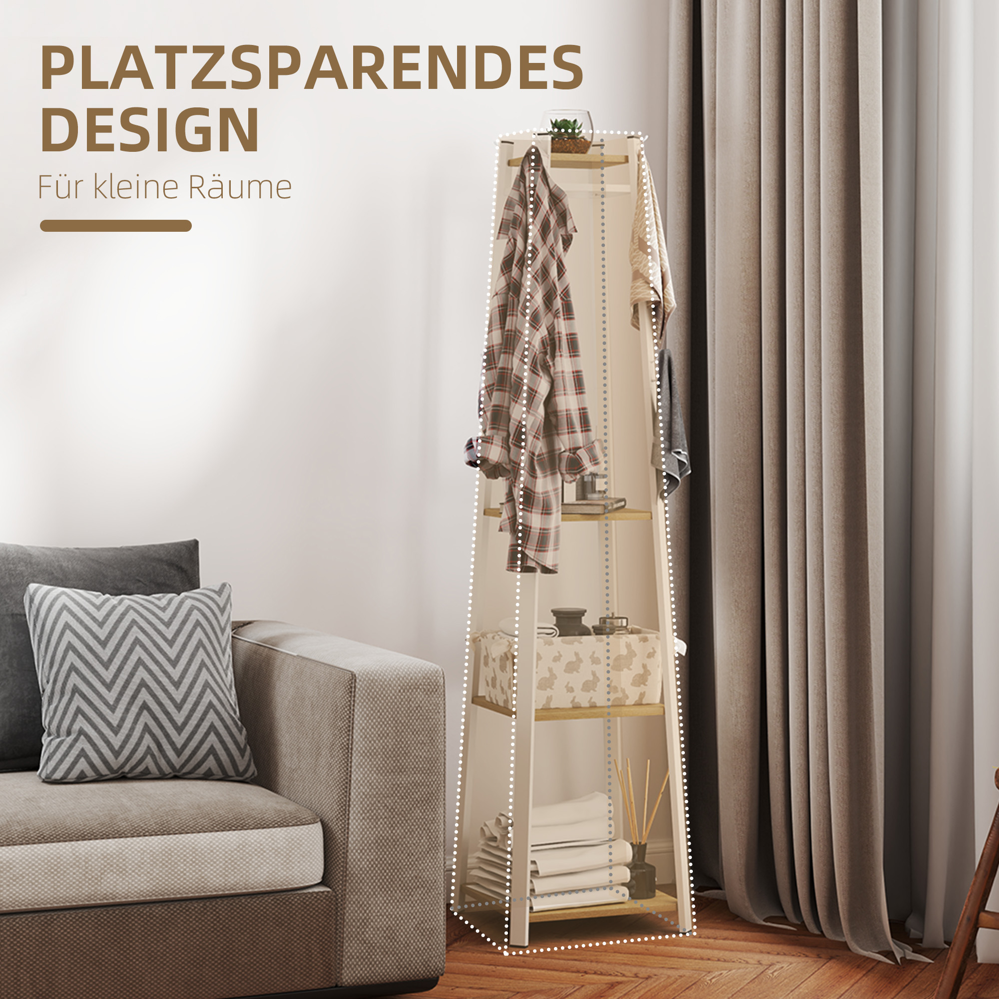 Kleiderständer, Trapez-Design, dreistufig, 8 Doppelhaken, Stahll, Weiß+Eiche