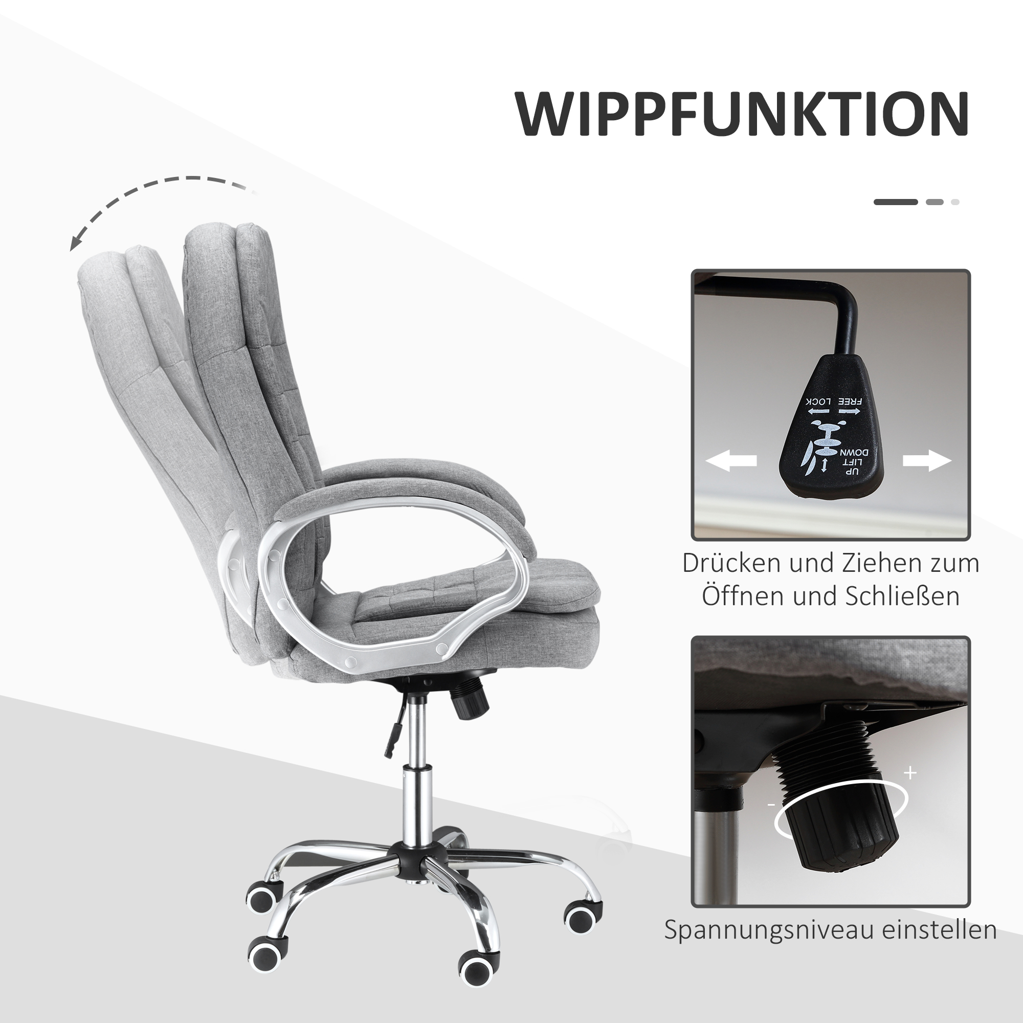 Bürostuhl Arbeitsstuhl Schreibtischstuhl Drehstuhl 360° Ergonomisch Wippfunktion Höhenverstellbar Grau Leinen 64 x 75 x 111-121 cm