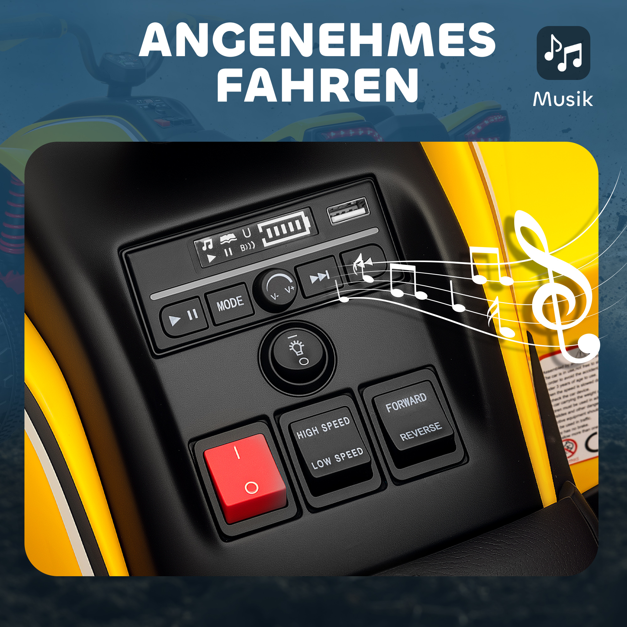 Elektroquad für Kinder, 3-6 km/h, LED-Scheinwerfer, Musik, USB, für 3-8 Jahre, Gelb