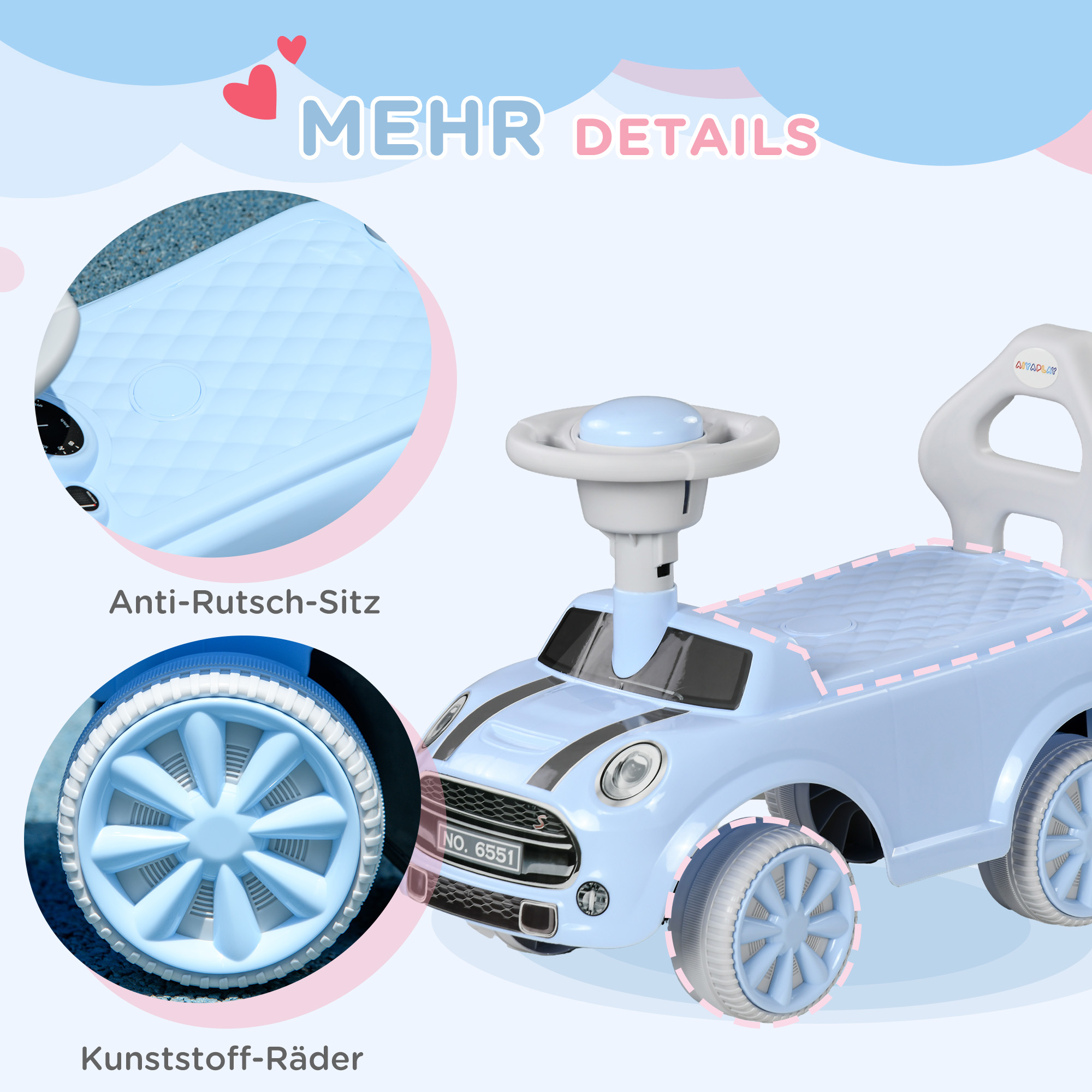 Rutschauto für Kinder, Anti-Überkippschutz, Rückenlehne, Hupe, rutschfester Sitz, Hellblau