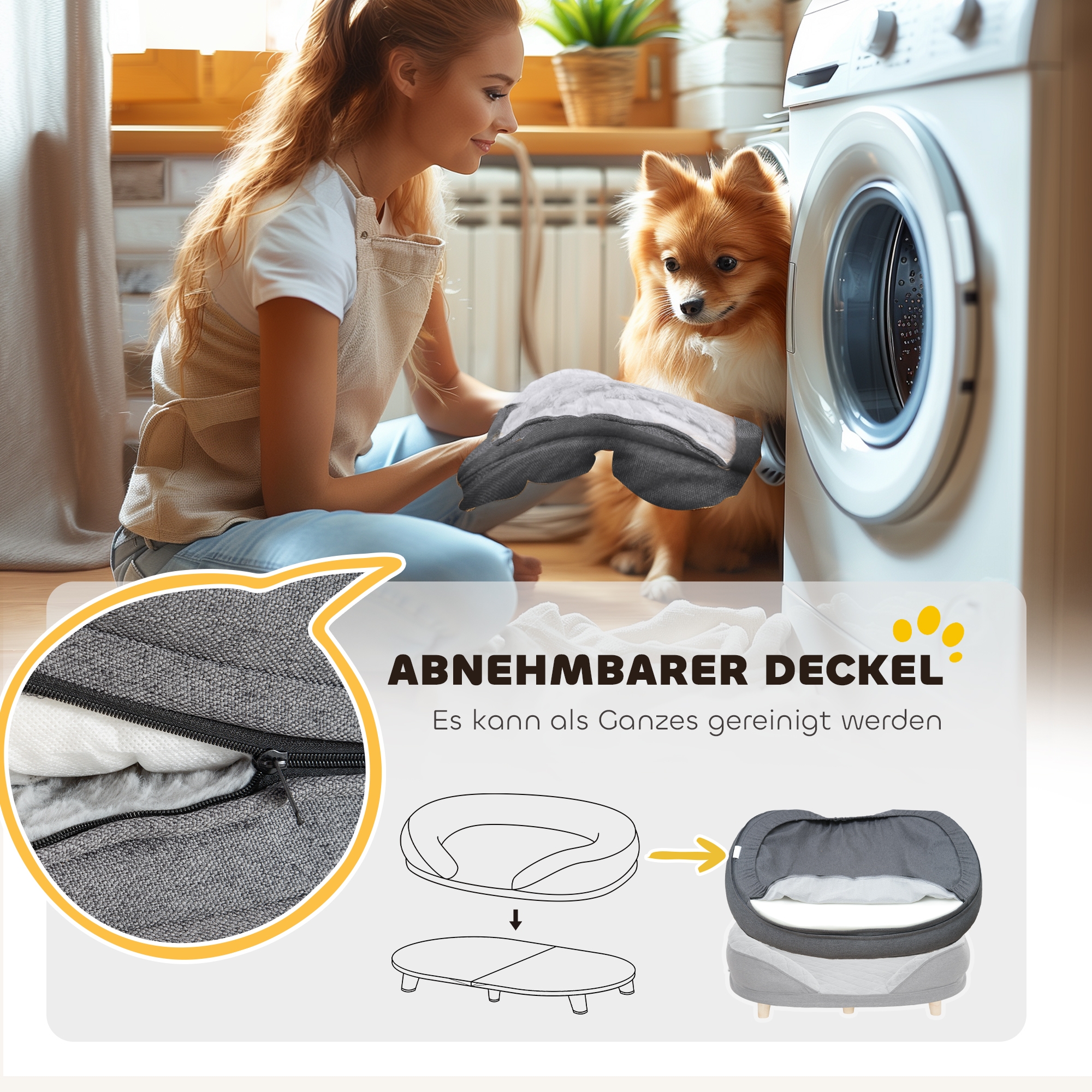 Hundebett für Hunde bis 25 kg, abnehmbarer Bezug, rutschfeste Füße, 90 x 78 x 25 cm, Grau