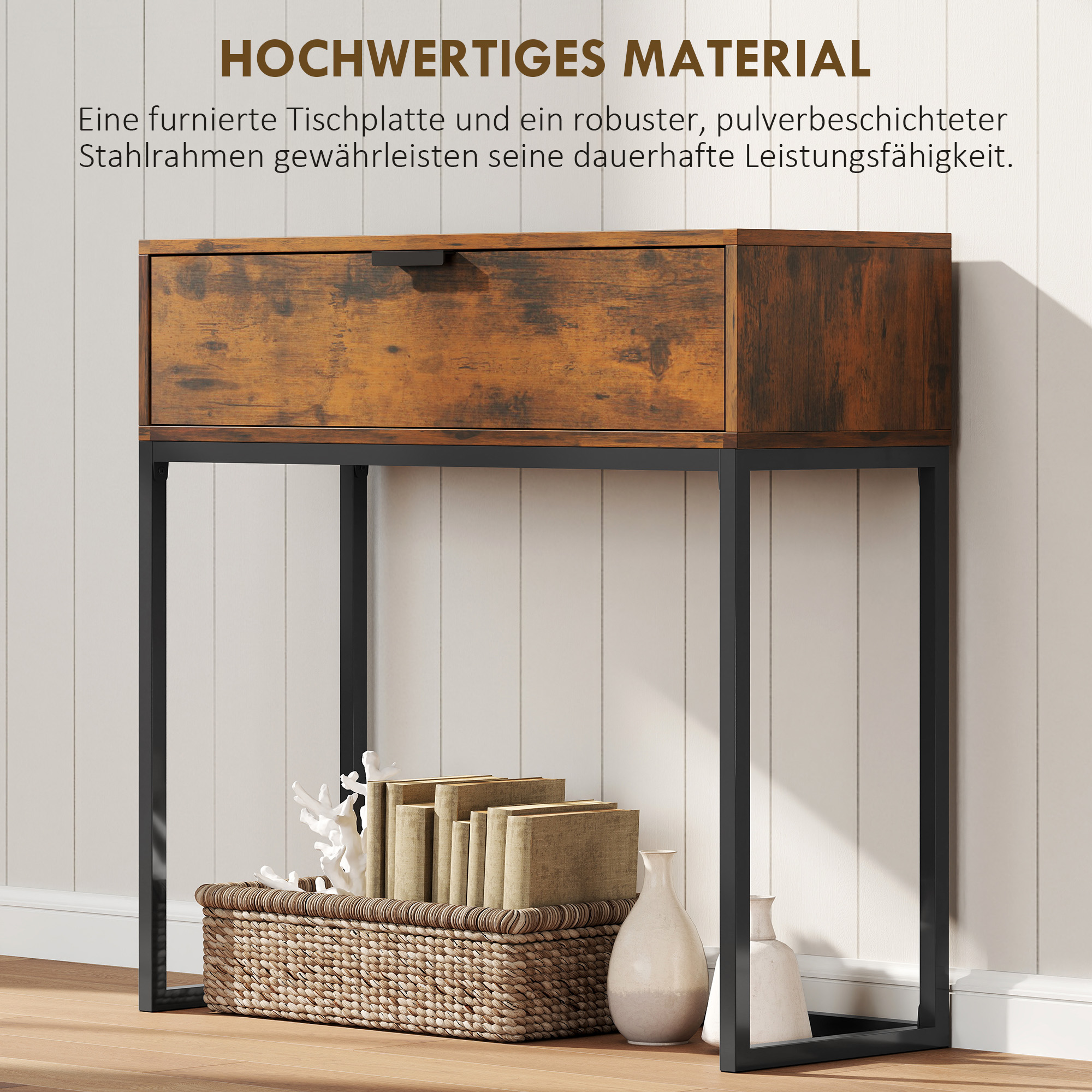 Konsolentisch Flurtisch mit Schublade, Industrie-Design, Flur Wohnzimmer, 80x30x76 cm, Schwarz