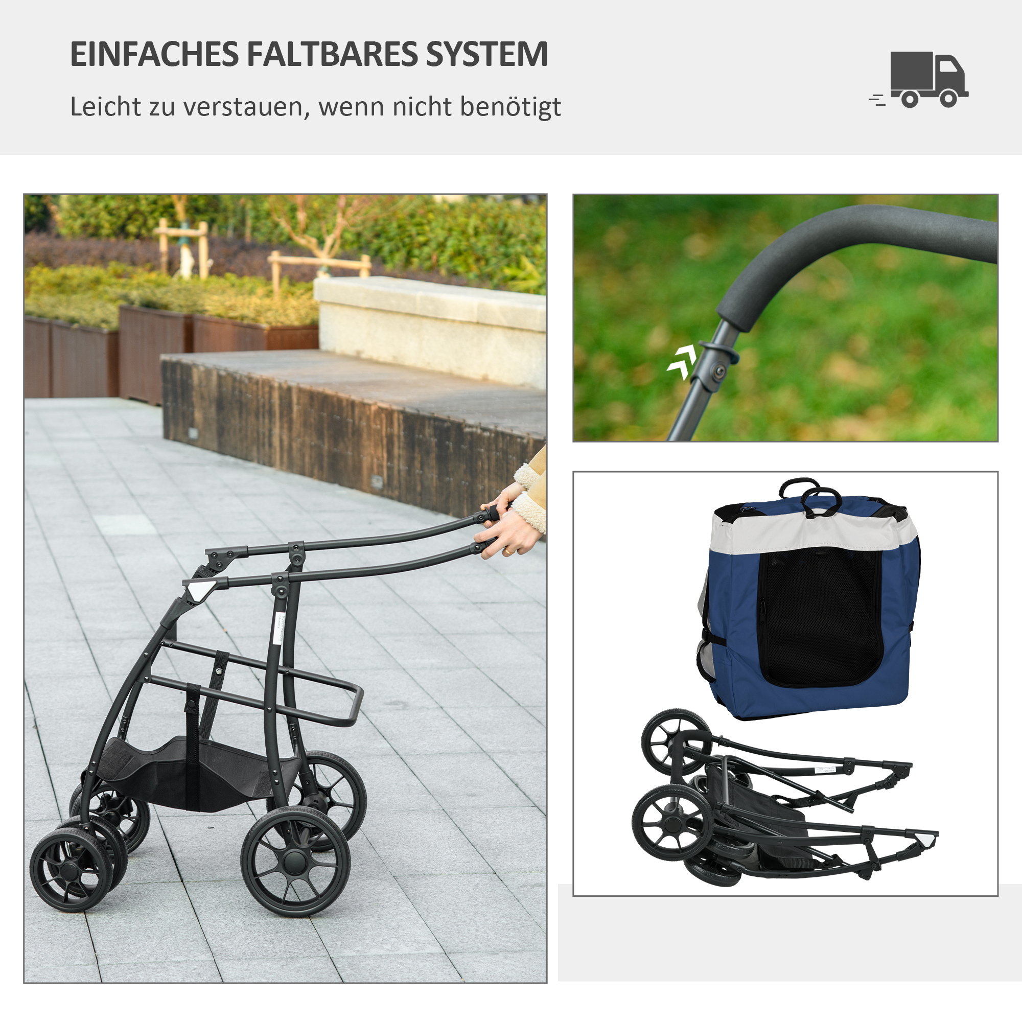 Hundbuggy Haustierbuggy Haustiertransporter bis 10kg klappbar verstellbare Trageriemen abnehmbarer Korb 81 x 58 x 97,5 cm Schwarz + Blau + Weiß