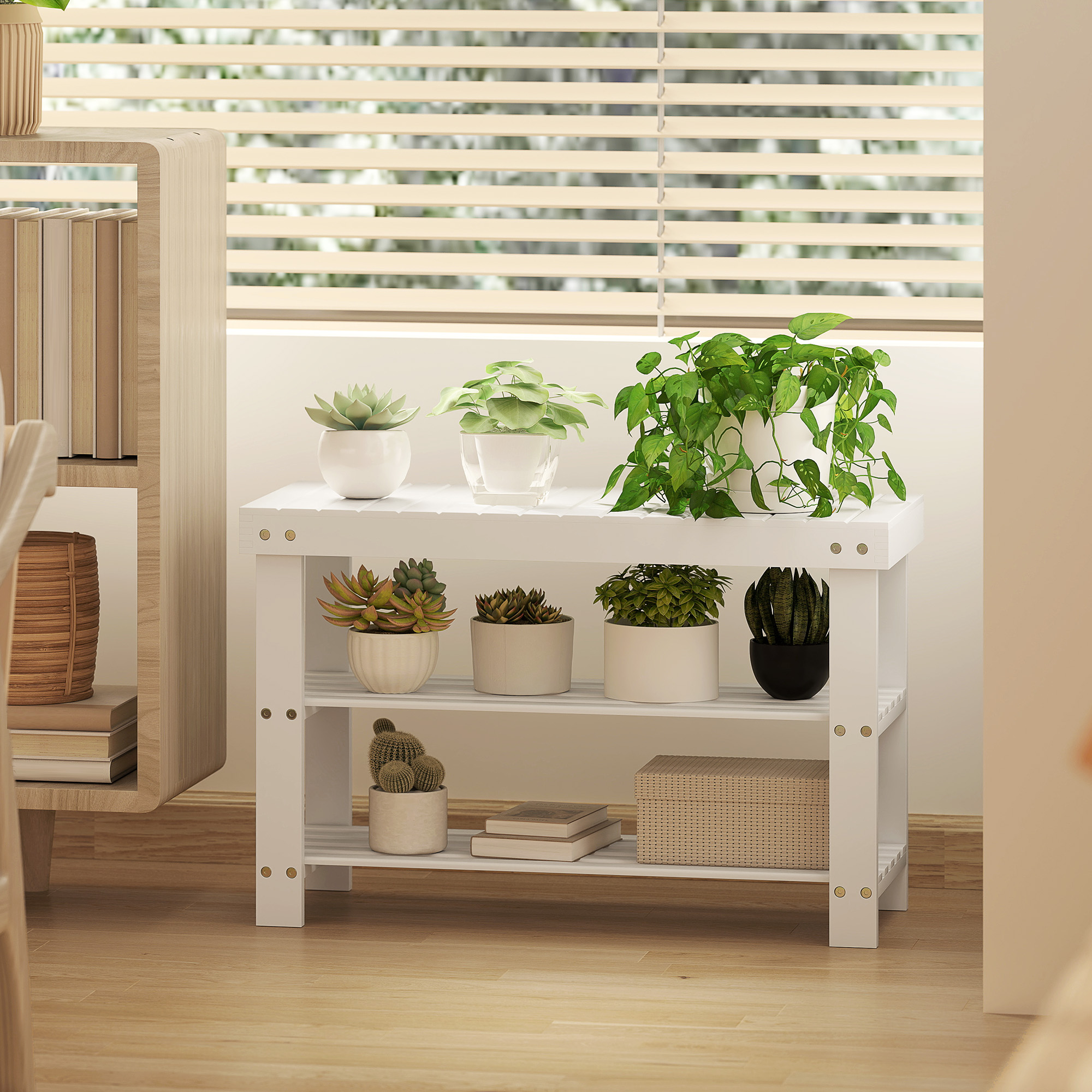 Schuhbank Bambus mit 2 Ablagen, Sitzbank mit Stauraum, für Flur, 70x28x45 cm, Weiß
