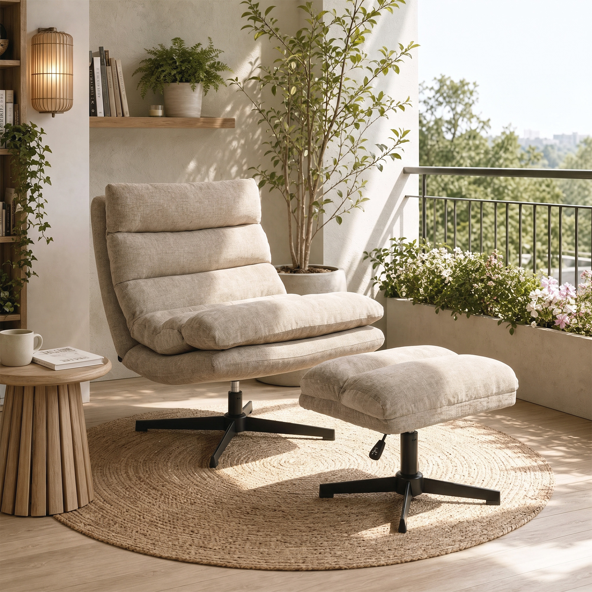 Loungesessel mit Fußhocker, drehbarer Chenille-Sessel mit höhenverstellbarem Fußhocker, dicker Polsterung und breiter Sitzfläche, Braun