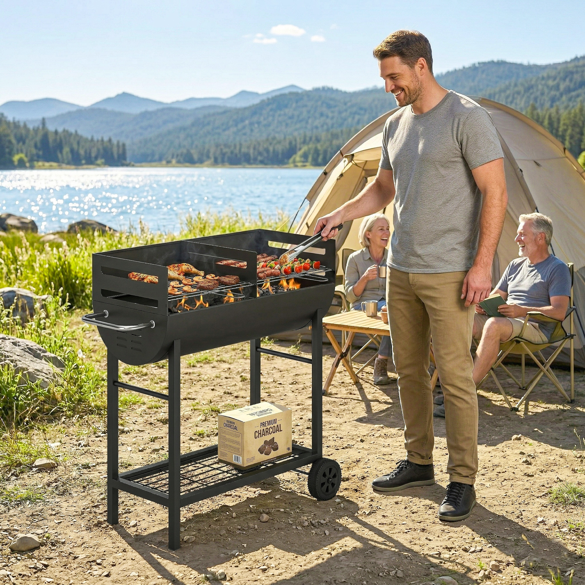 Holzkohlegrill Grillwagen mit 2 Grillzonen höhenverstellbarer Grillrost Holzablage Räder Seitengriff, 103 x 46,5 x 100cm