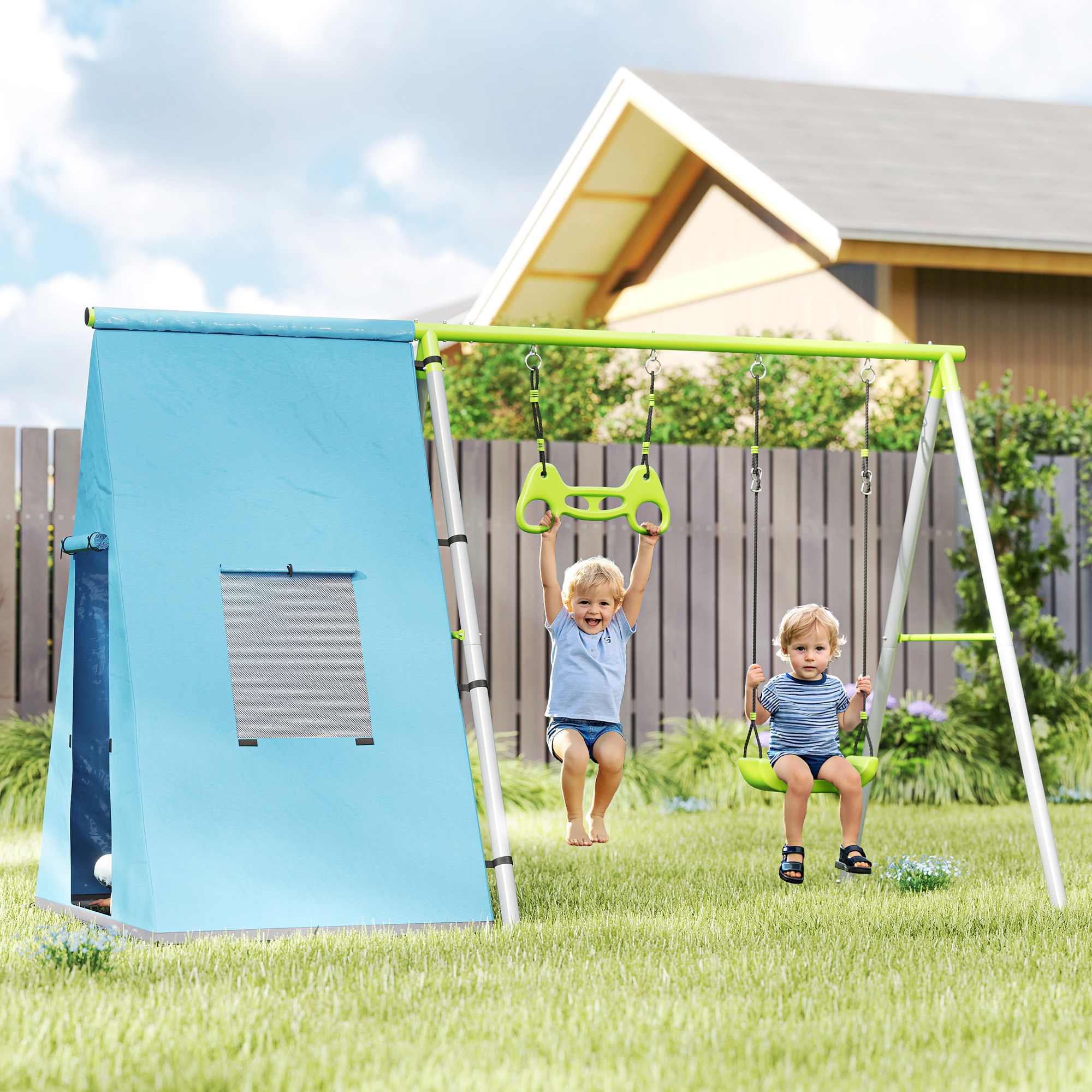 3-in-1 Schaukelset, Spielzelt, Schaukel, Turnringe, Metall, Kunststoff, Grün