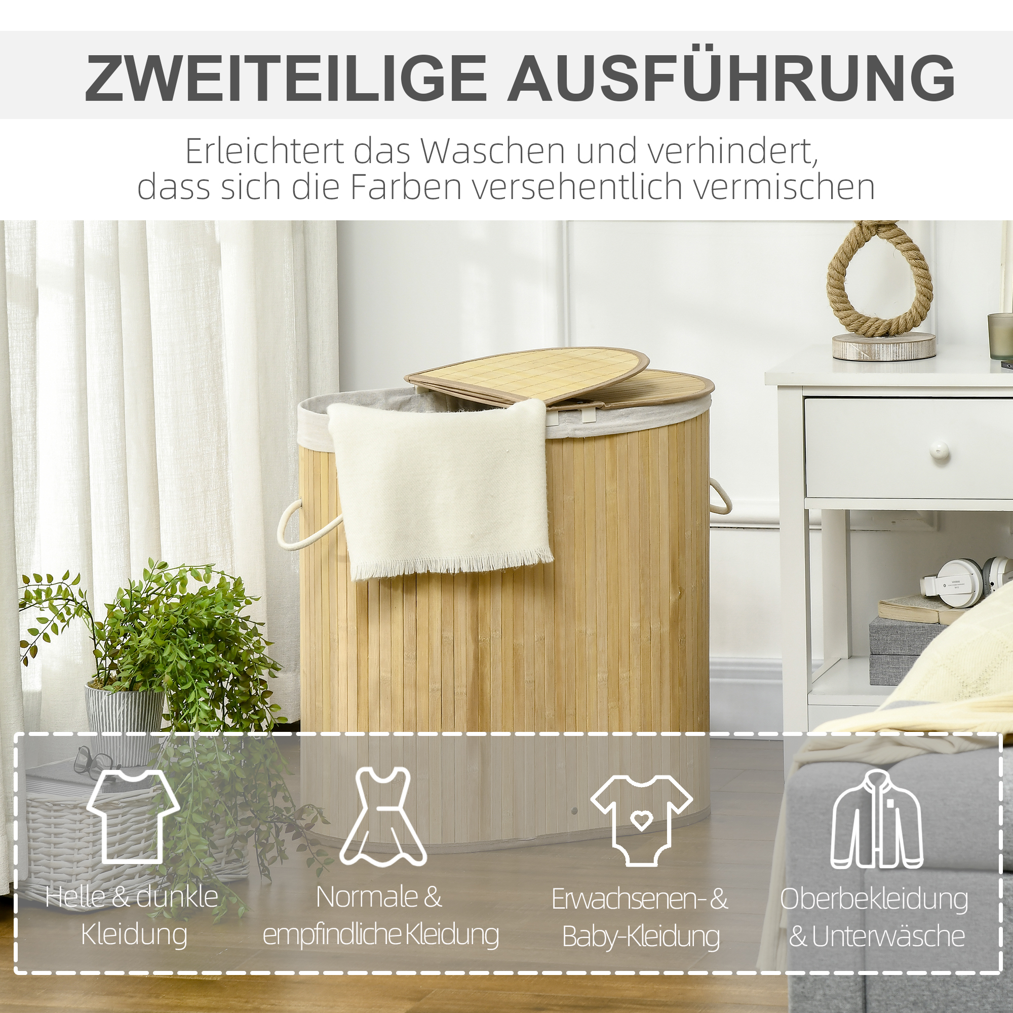 Wäschekorb 100L mit herausnehmbaren Wäschebank 62,5 cm x 37 cm x 60,5 cm Natur + Weiß