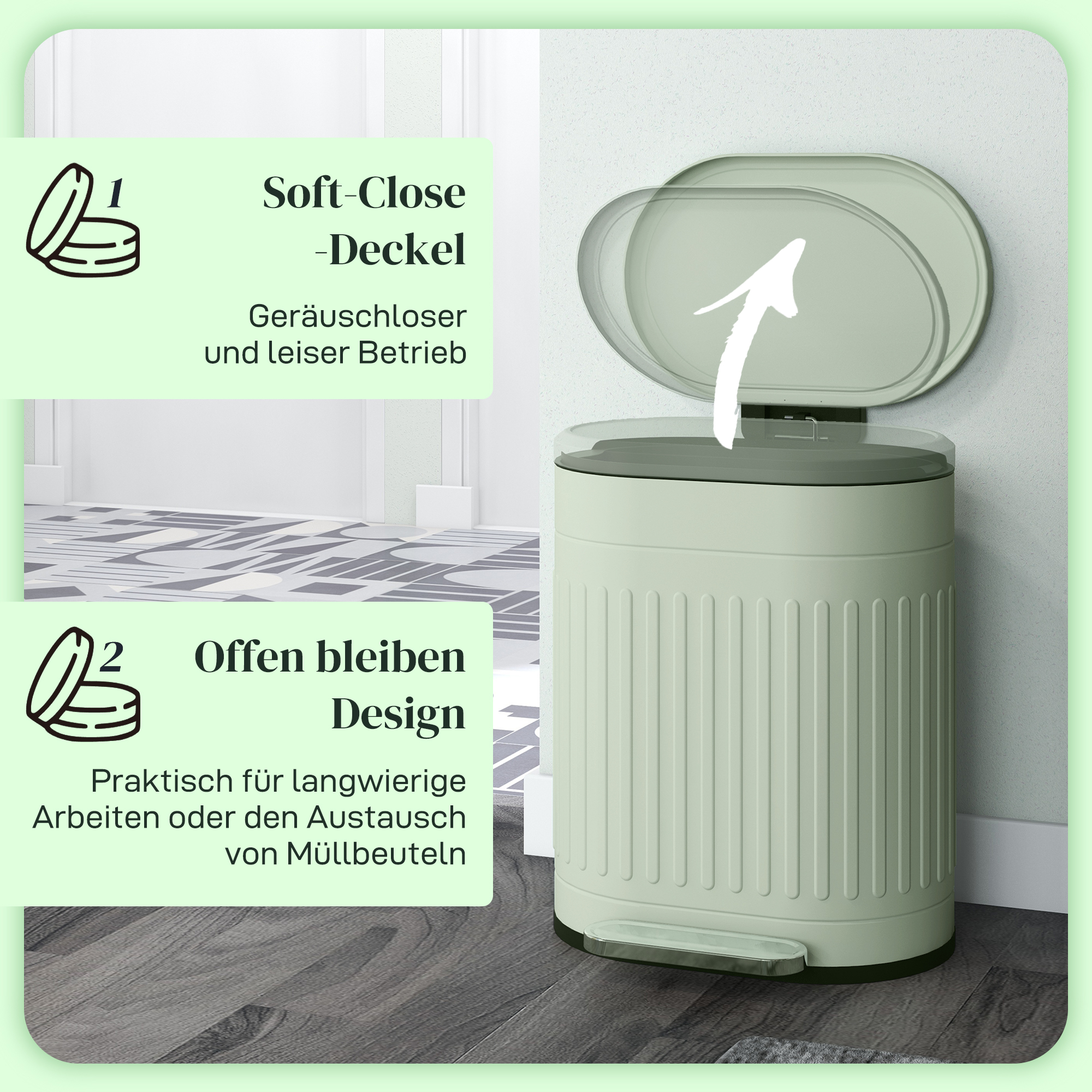 Mülleimer 20l Treteimer mit Deckel Fußpedal herausnehmbarem Inneneimer Soft-Close-Funktion 36,5 x 31,2 x 45 cm, Grün