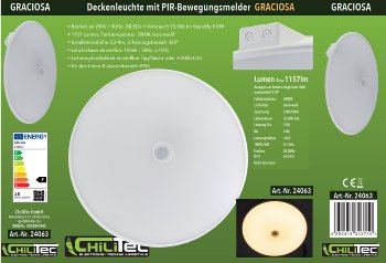 LED Deckenleuchte "GRACIOSA" 26cm / 15W, 1157lm, 3000K, PIR-Bewegungsmelder