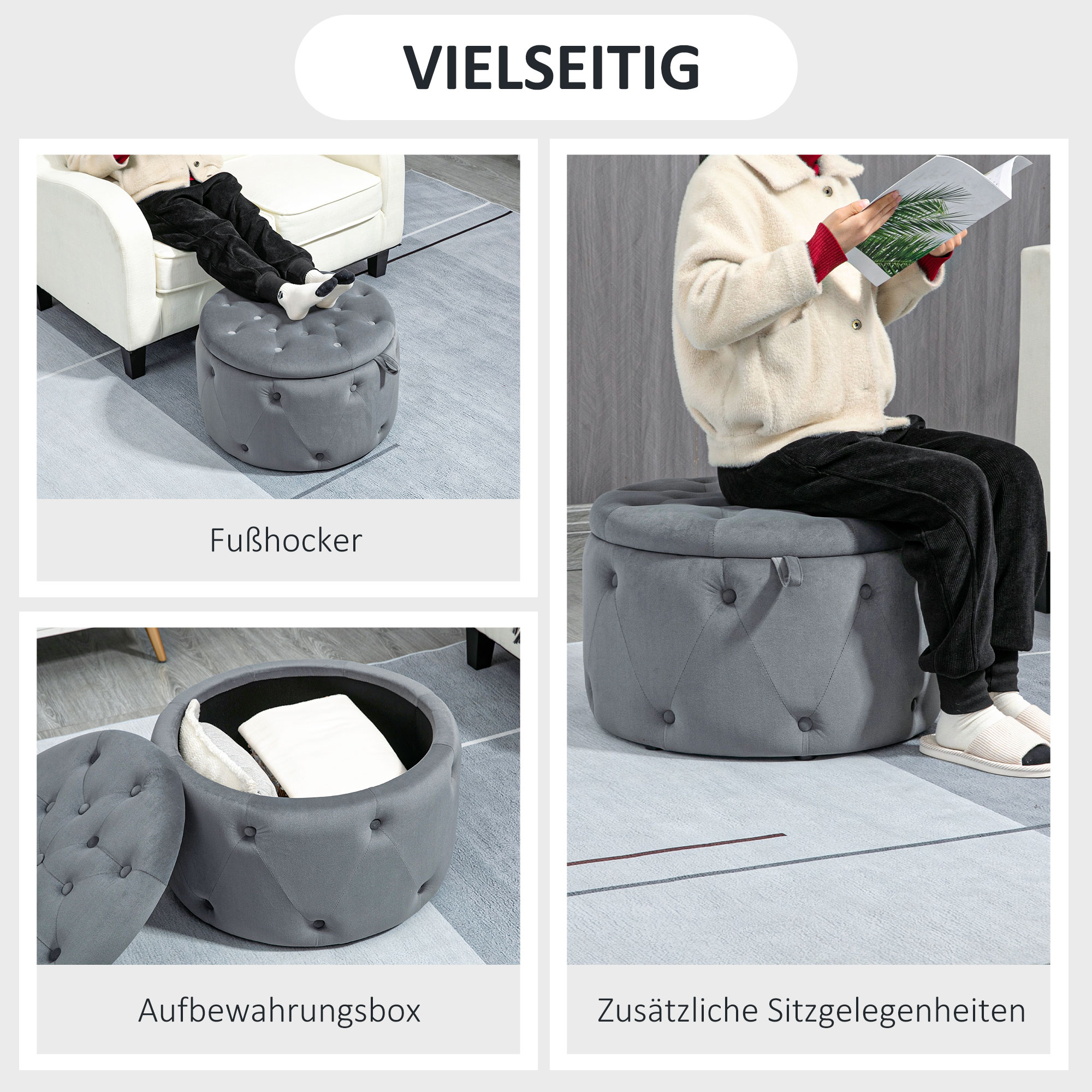 Hocker, rund, mit Staufach, Steppdesign mit Knöpfen, Bezug in Samtoptik, grau, 60 x 60 x 40cm