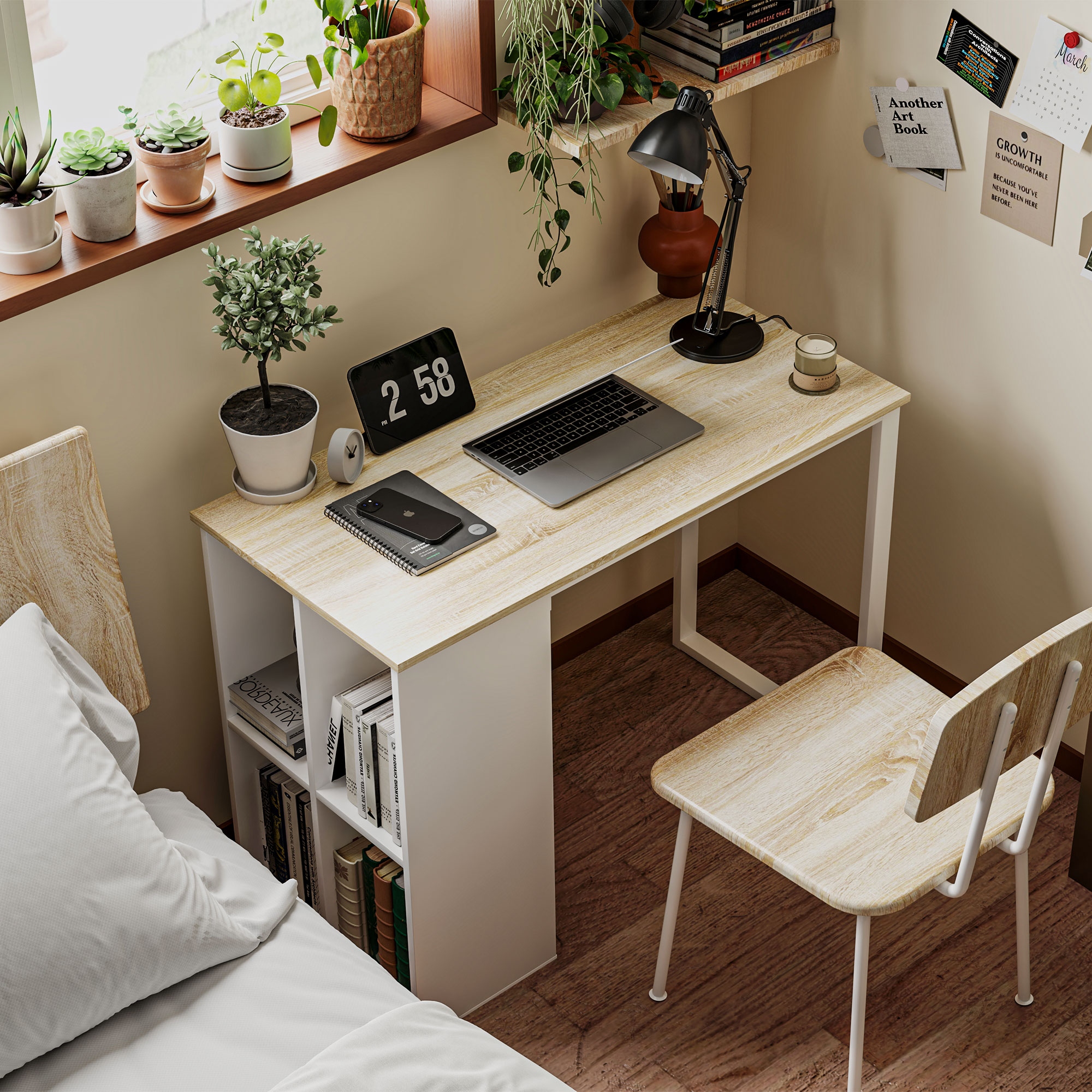 Kompakter Computertisch, Moderner Schreibtisch mit Stauraum-Fächern, für kleine Räume, 100 x 54 x 75 cm, Weiß