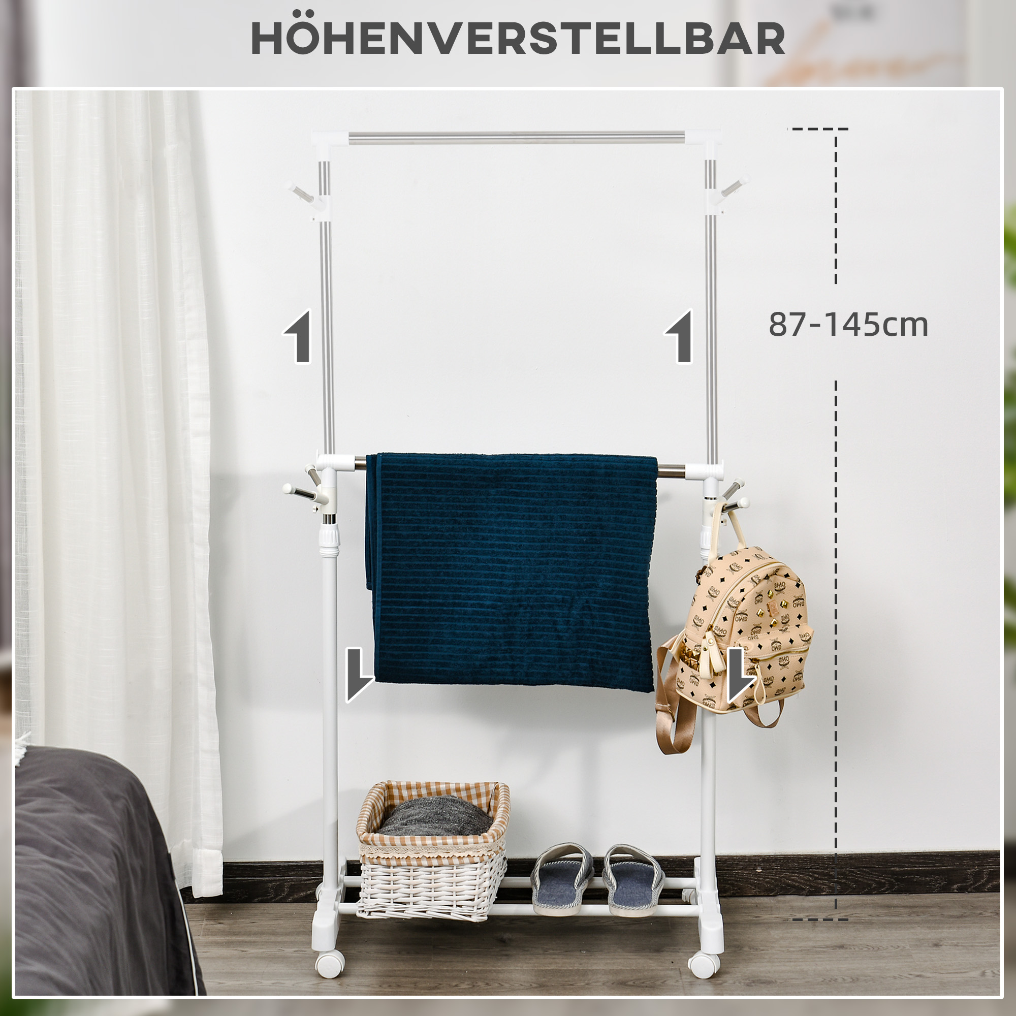 Rollbarer Garderobenständer, höhenverstellbar, mit unterer Ablage, 4 Räder, Weiß