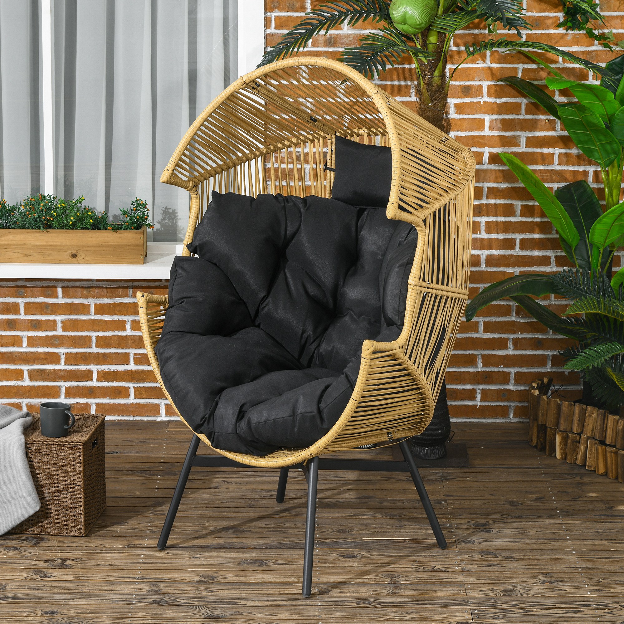 Rattansessel Outdoor-Sessel Gartensessel, PE-Rattan, 89 cm x 75 cm x 143 cm, Natur + Schwarz