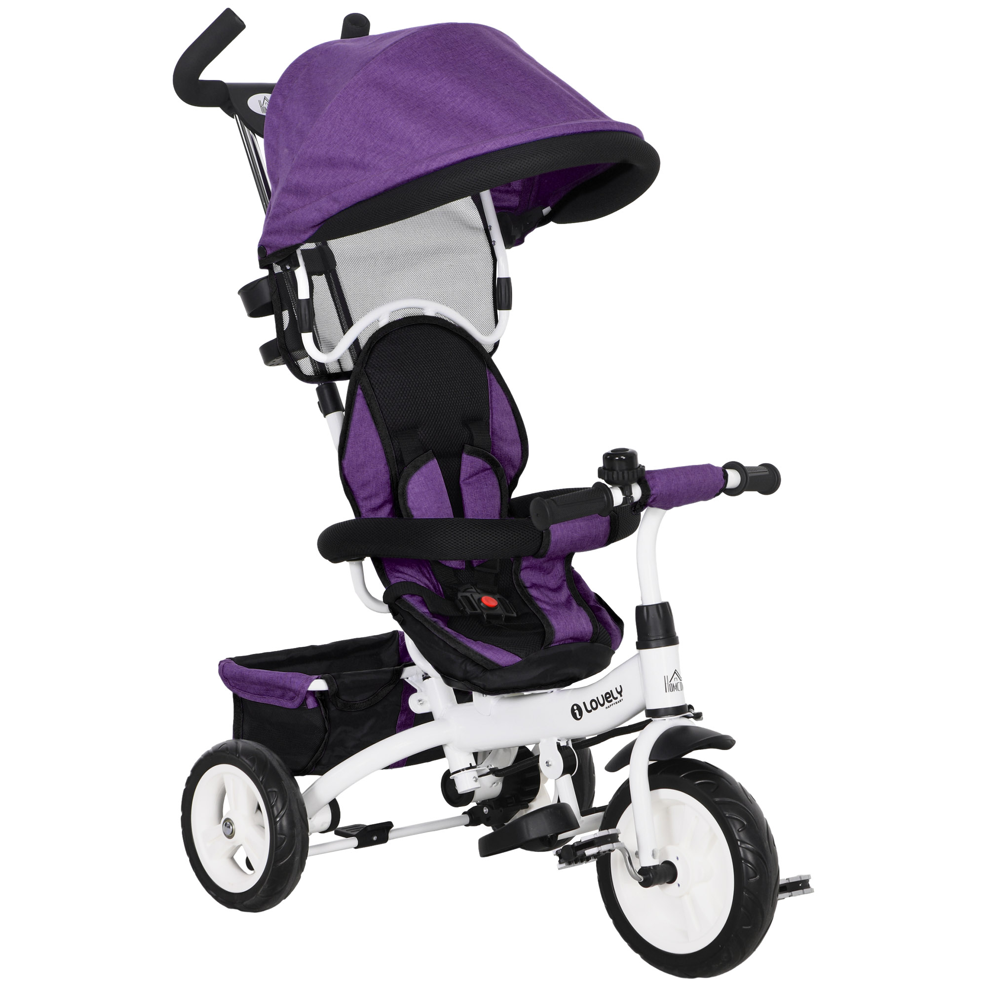 6-in-1 Kinderdreirad mit Schiebestange, Dach, Gurt, Ablagekorb, für 1-5 Jahre, Blau