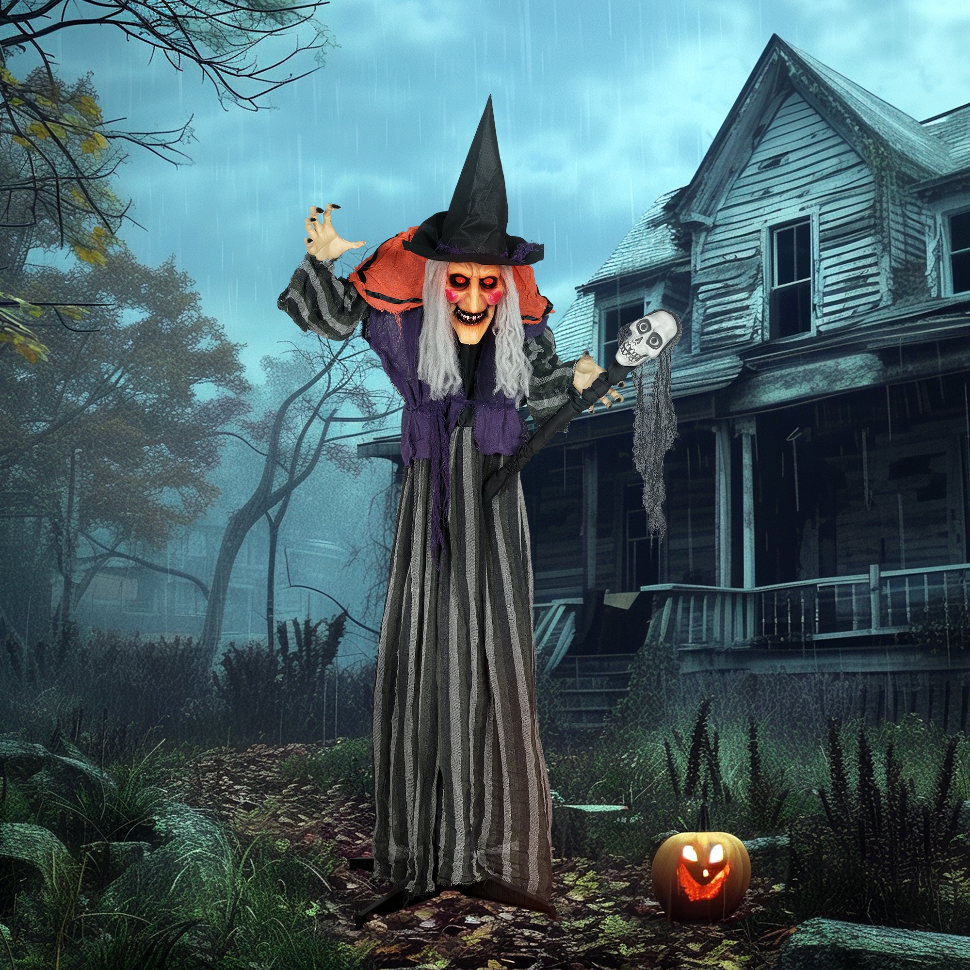 160 cm Halloween Dekoration Halloween Hexe mit LED-Lichter, Soundfunktion verstellbare Arme, Körper
