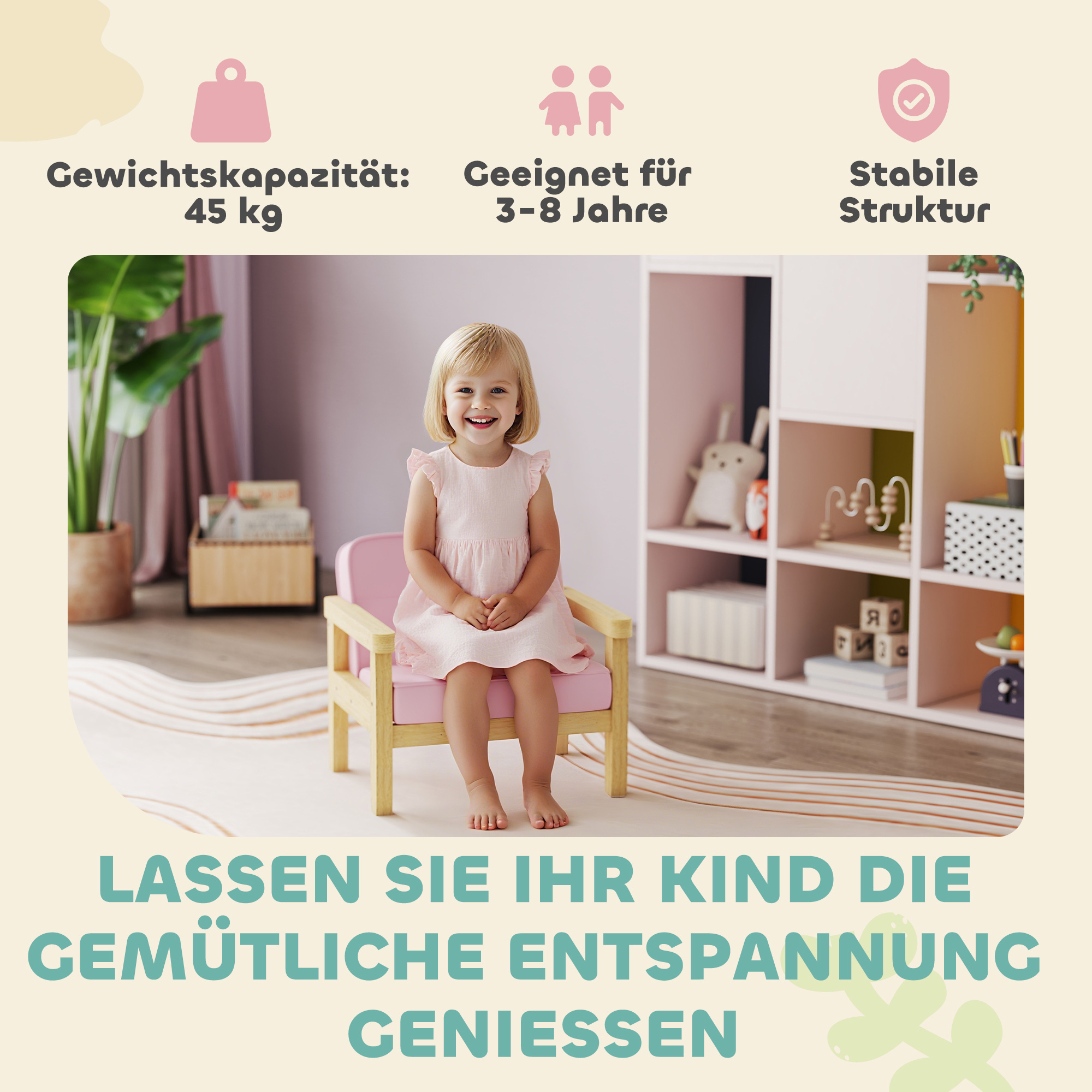 Kindersessel, Kindersofa mit Holzrahmen, Cordoptik, gepolsterter Kinderstuhl für Kinder von 3-8 Jahren, für Kinderzimmer, Spielzimmer, Rosa