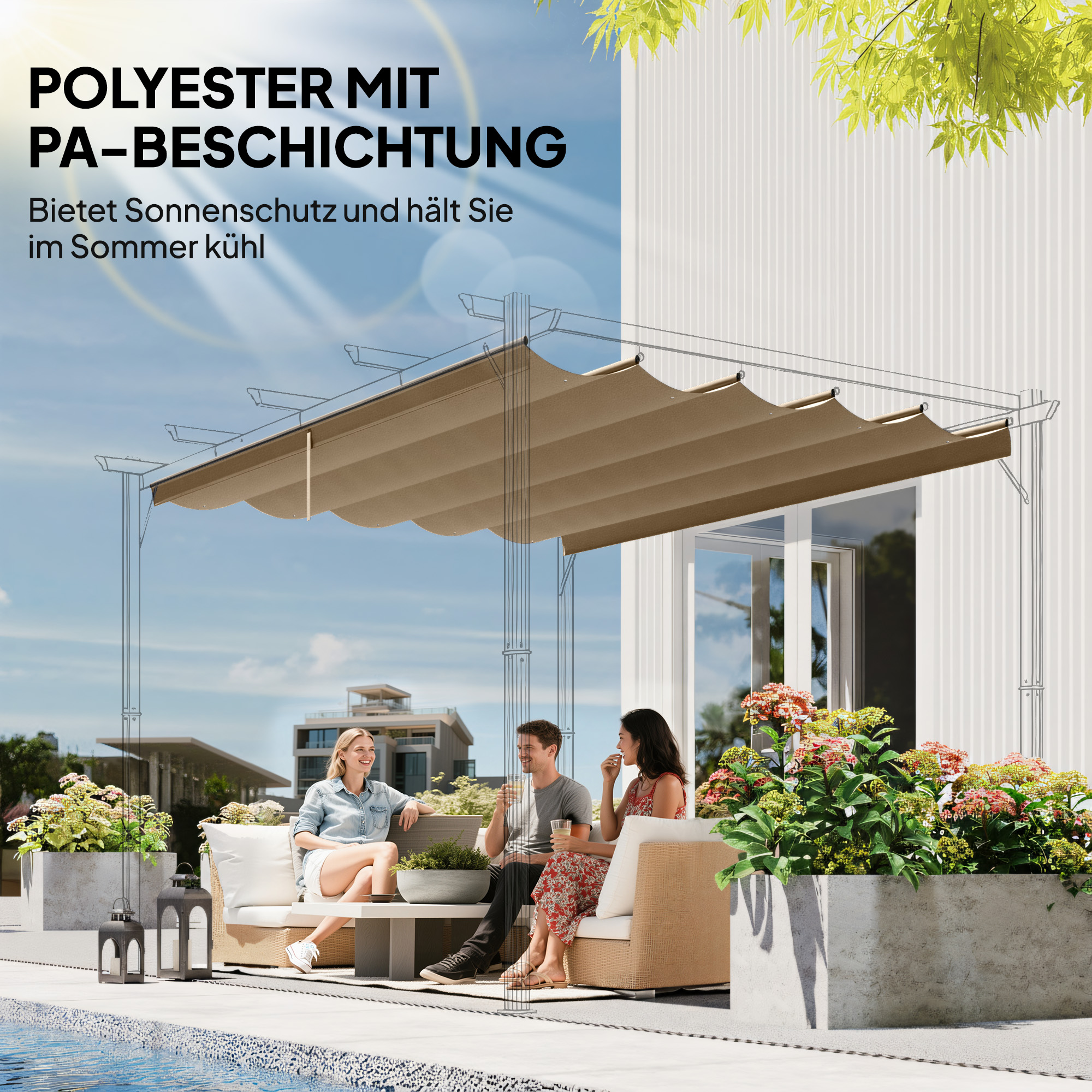 Ersatzdach für 3 x 3 m Pergola, einziehbar, mit Regenabflusslöchern, wetterfest, Polyester, Braun