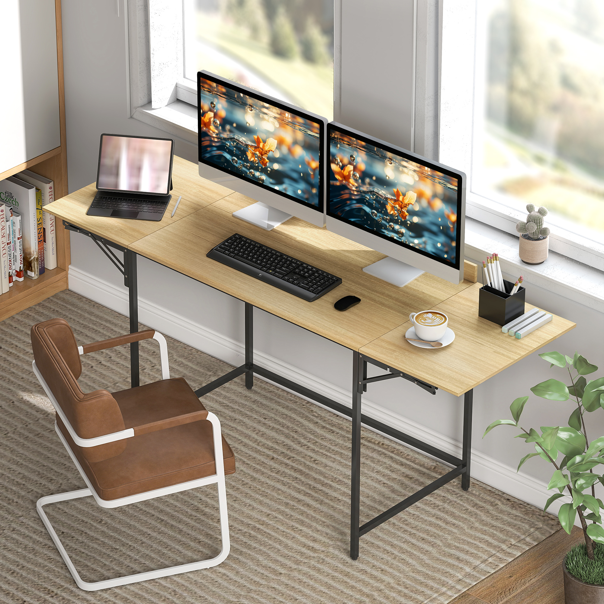 Klappbarer Computertisch mit 2 Ausziehplatten, viel Platz für Monitore, Metallbeine, robuste Konstruktion, Eiche+Schwarz