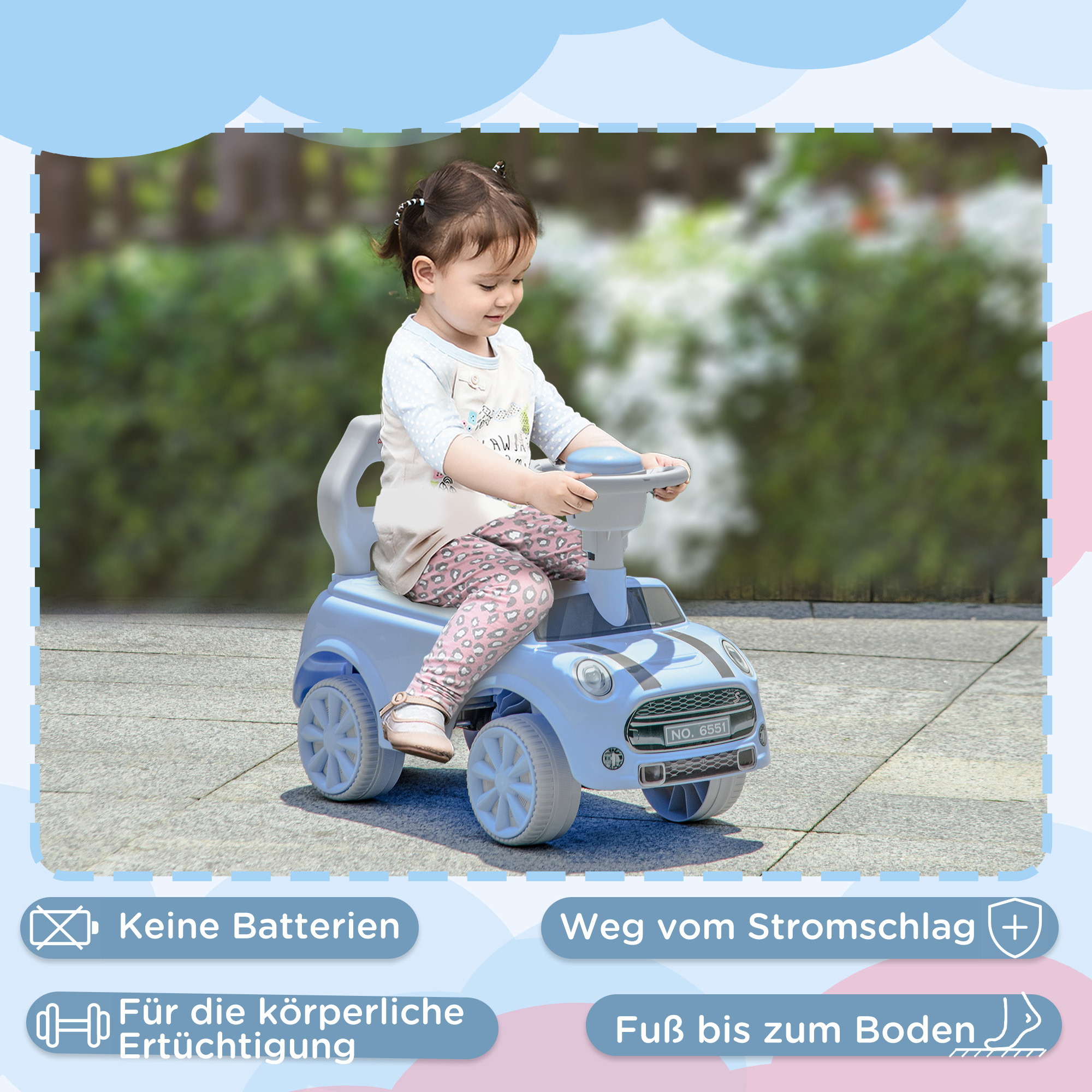 Rutschauto für Kinder, Anti-Überkippschutz, Rückenlehne, Hupe, rutschfester Sitz, Hellblau