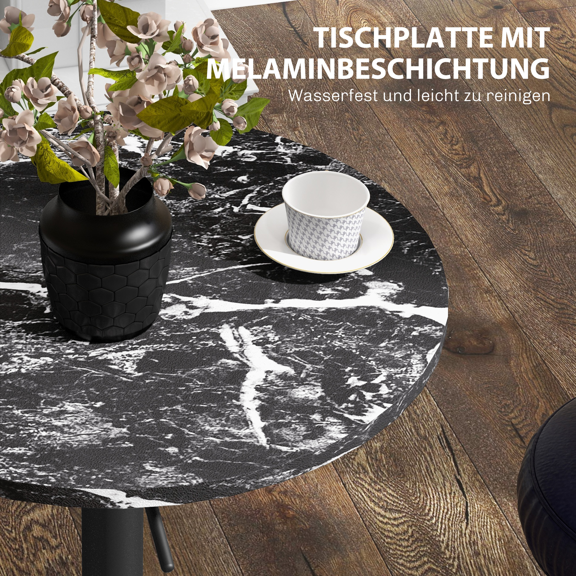 Bartisch für 2 Personen, höhenverstellbar, Marmoroptik, 60 x 60 x 68-93,5 cm, Schwarz