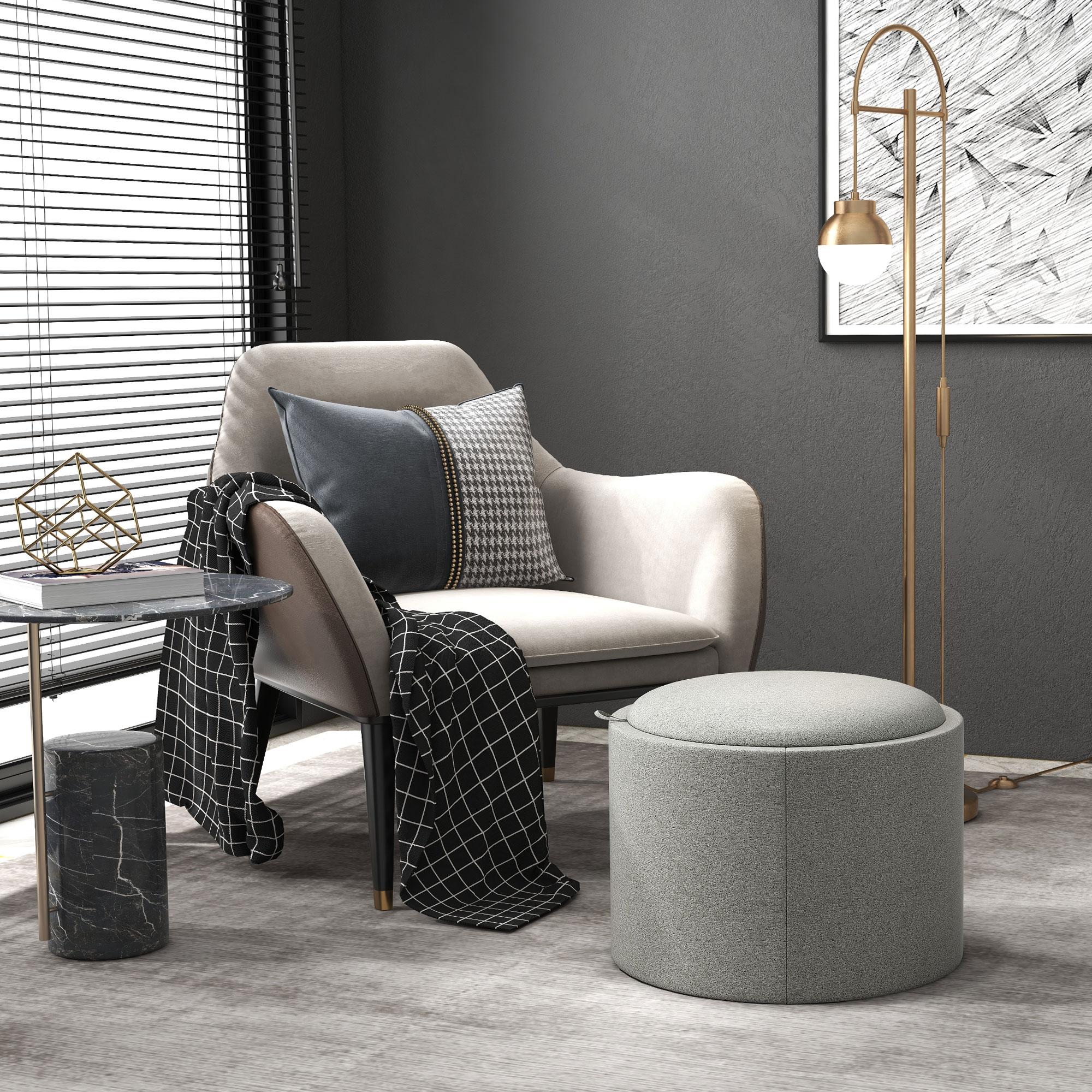 Hocker Polsterhocker, Leinen, versteckter Stauraum, umkehrbarer Deckel, 5 6cm x 56 cm x 42 cm, Grau + Natur