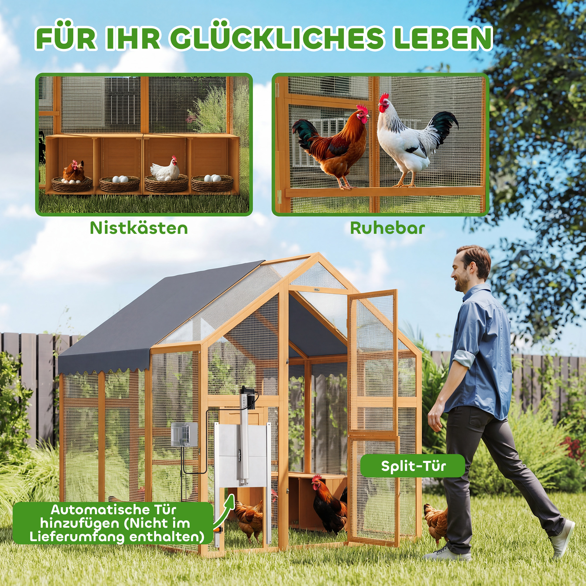 Hühnerstall 3,07㎡ Freilaufgehege Holz mit wasserdichtem Tuch, Sicherheitsschloss, für 6-8 Hühner 1,7 x 1,8 x 1,8 m