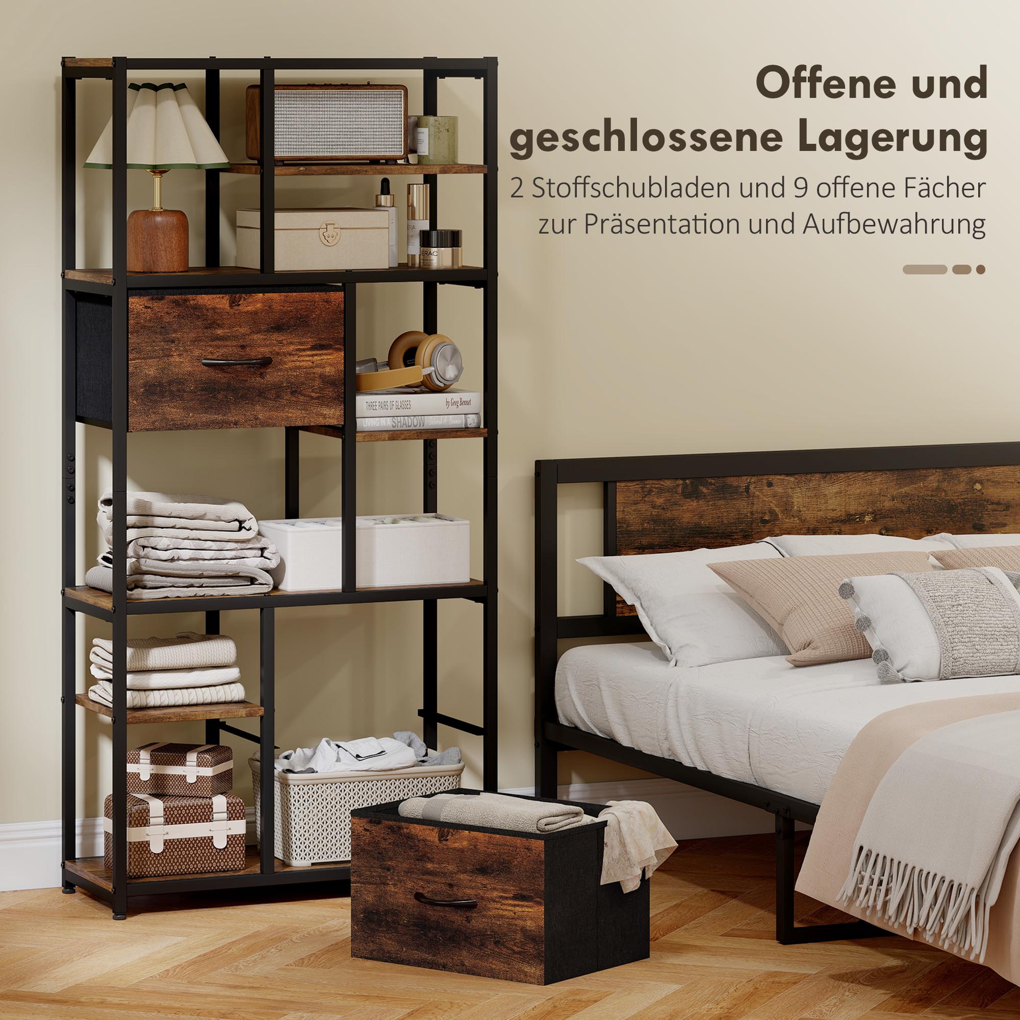 Aufbewahrungsregal, 2 Stoffschubladen, 9 offene Fächer, freistehendes Regal mit Stahlrahmen, Braun+Schwarz