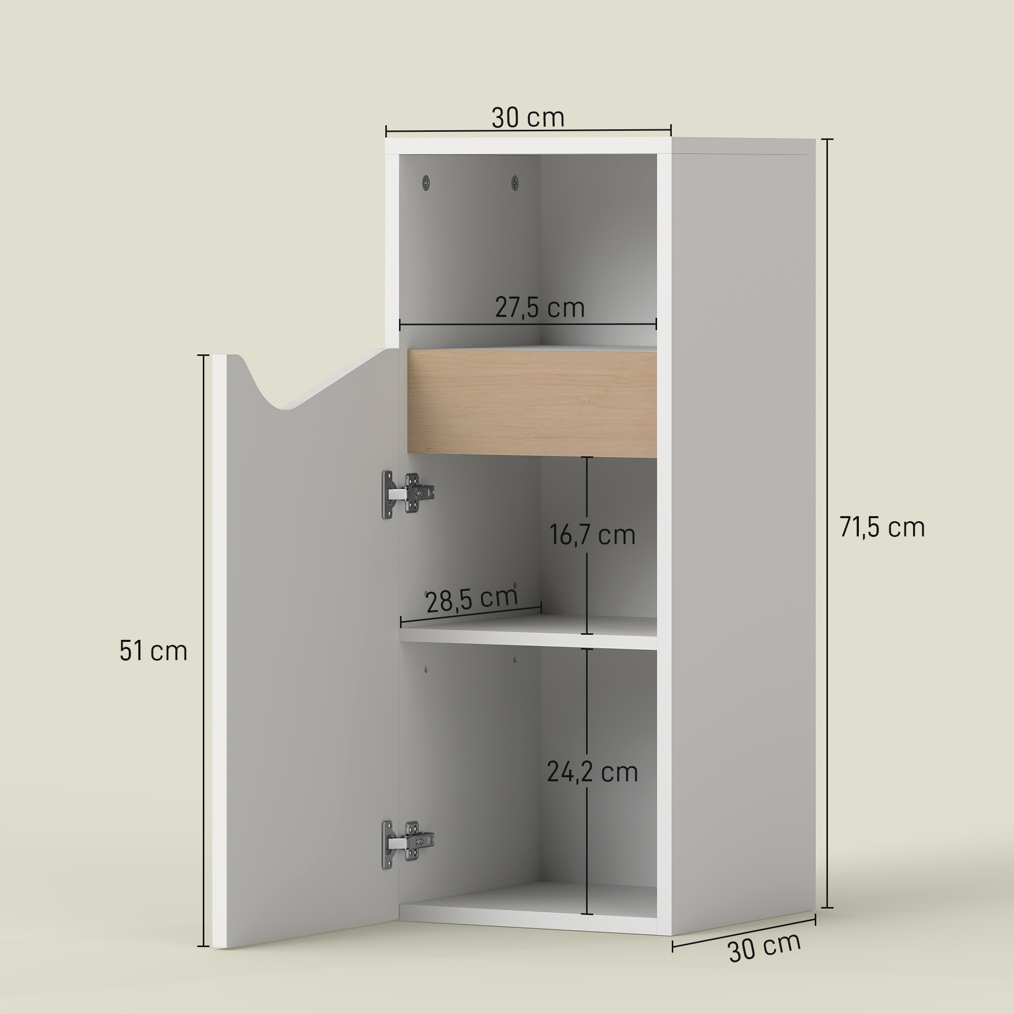 Badezimmerschrank Schmal Badschrank mit Verstellbaren Ablagen, offenem Fach 30 x 30 x 71,5 cm Weiß