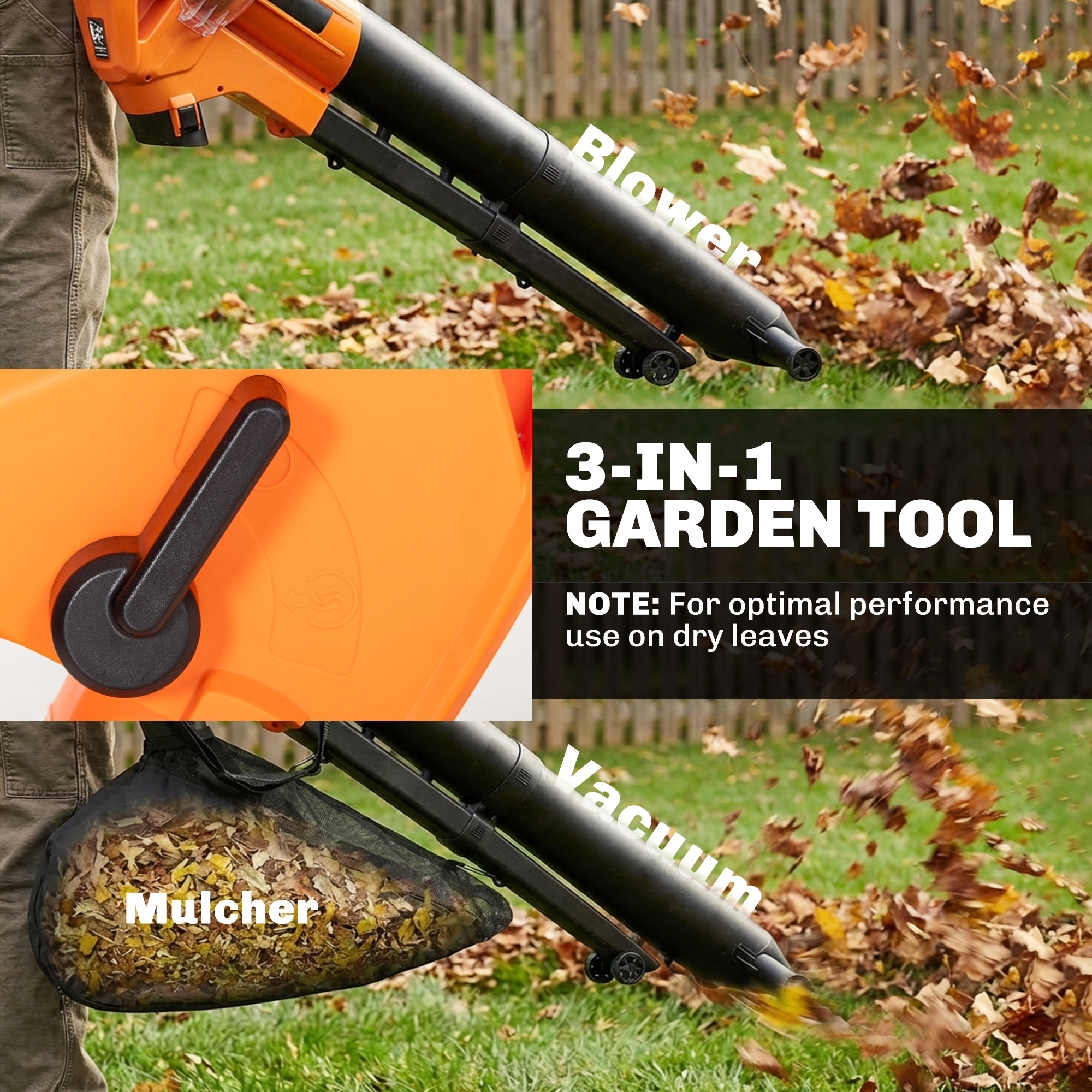 3000W 3-in-1 Elektrischer Laubbläser und Staubsauger mit 40L Auffangbeutel, 4 Rädern, verstellbarem Gurt, Orange