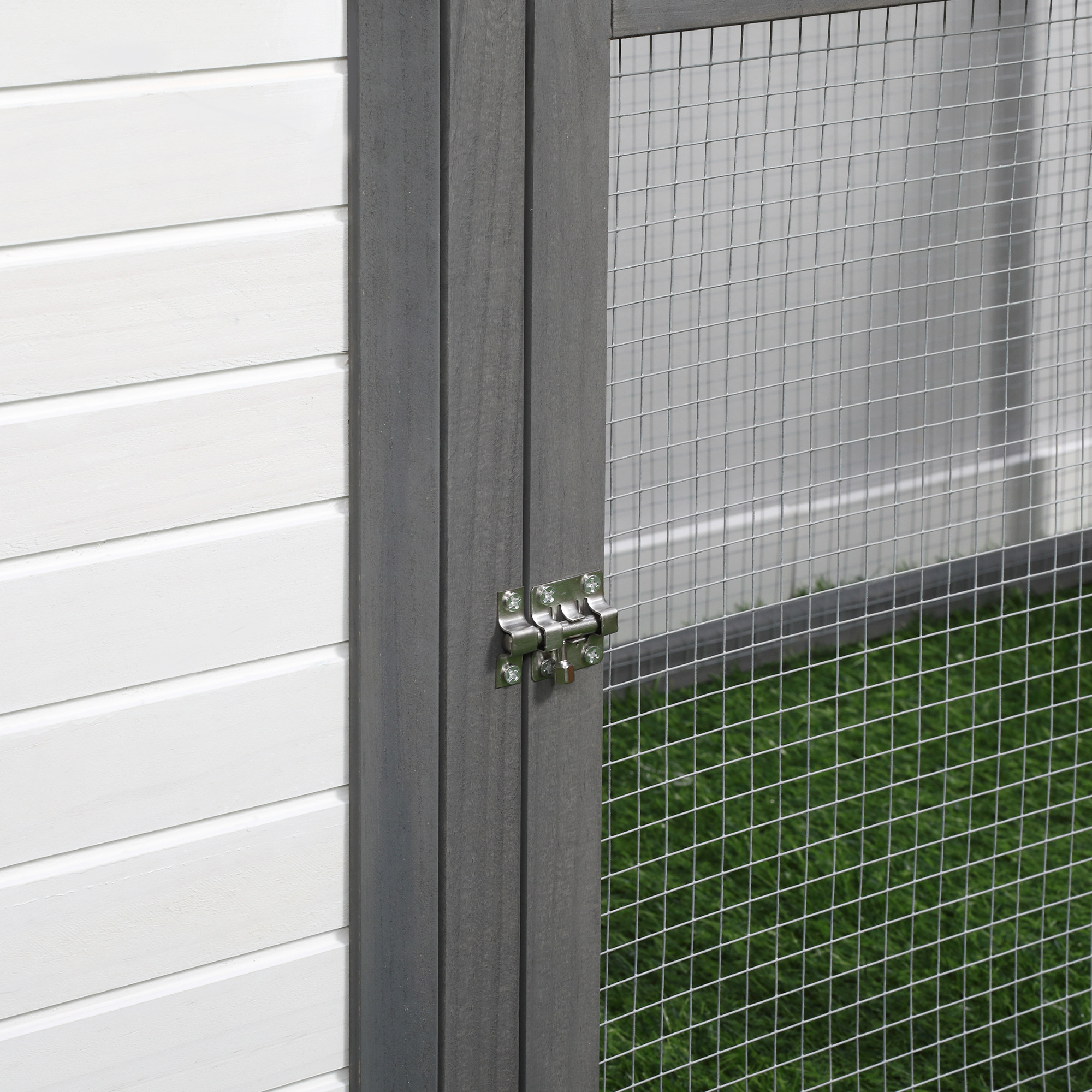 Hühnerstall für Zwerghühner 196 x 76 x 97 cm witterungsbeständig Hühnerhaus mit Nistkasten, Freilaufgehege Sitzstange, Kleintierstall aus Holz für 1-2 Hühner, Grau