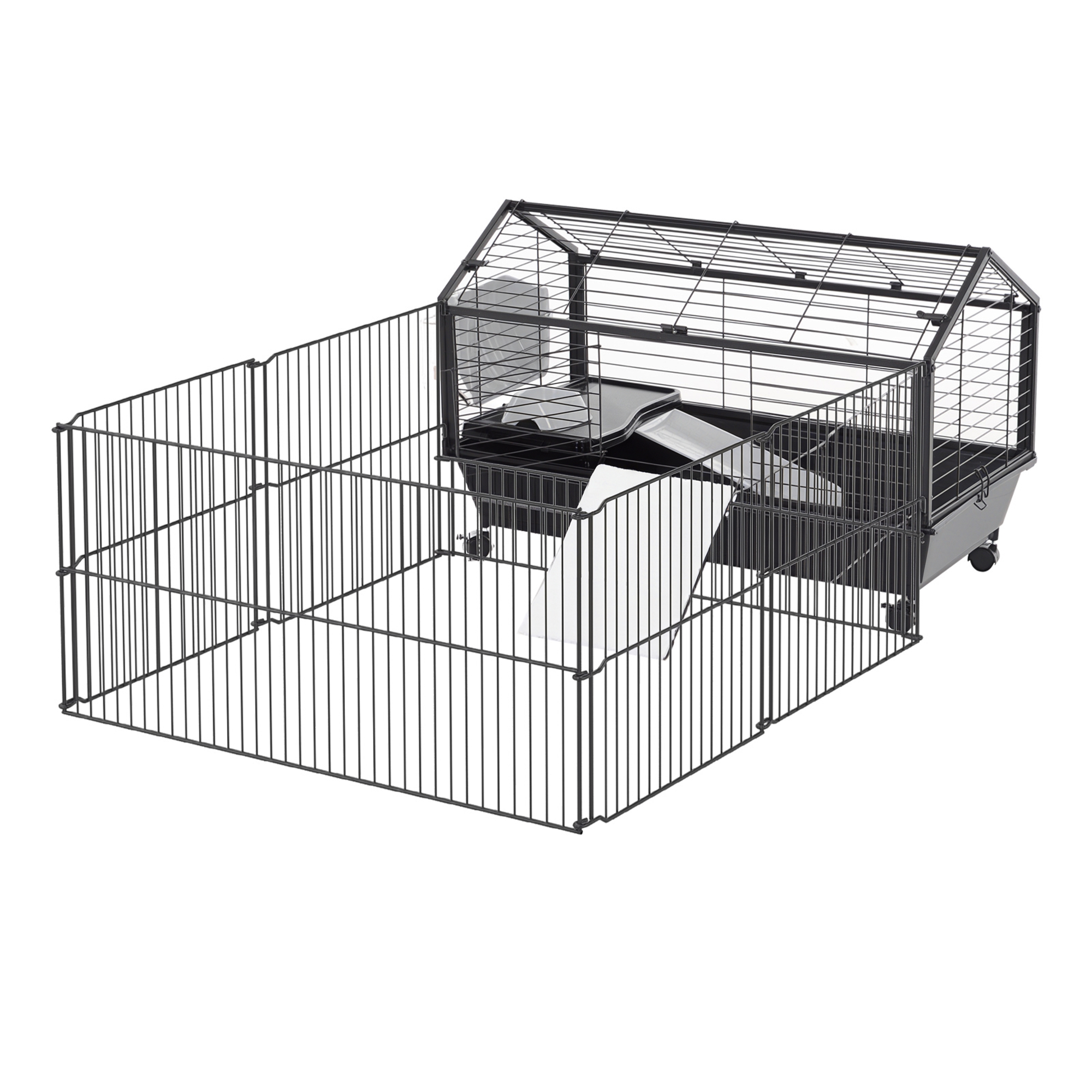 Kleintierkäfig mit Freigehege inkl, Zubehör 88 cm x 128,5 cm x 56 cm  4 Rollen Schwarz Metall Polypropylen