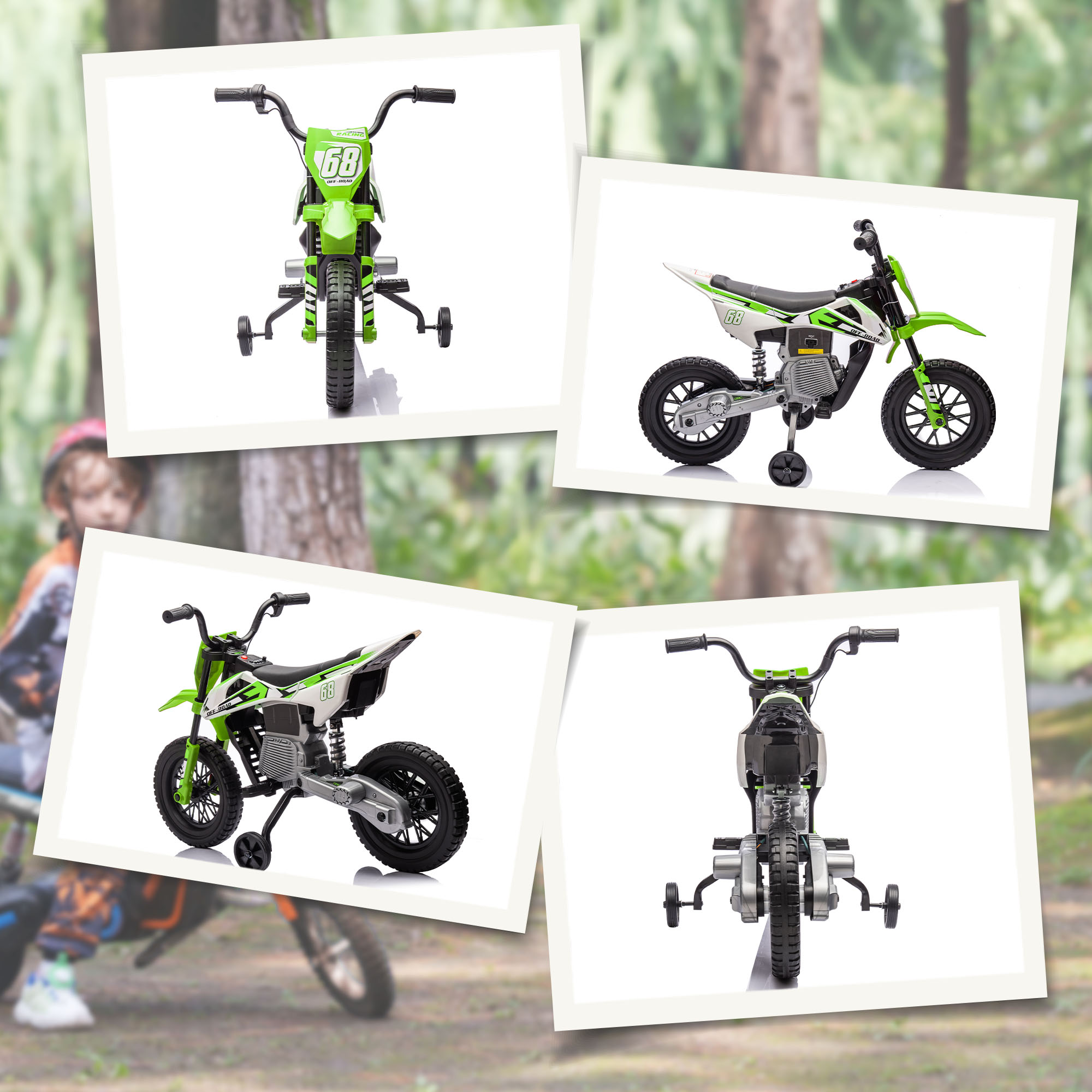 Elektro-Motorrad für Kinder, 12V Kindermotorrad mit Musik, Kinderfahrzeug mit Trainingsrädern, 3-6 Jahre, Grün