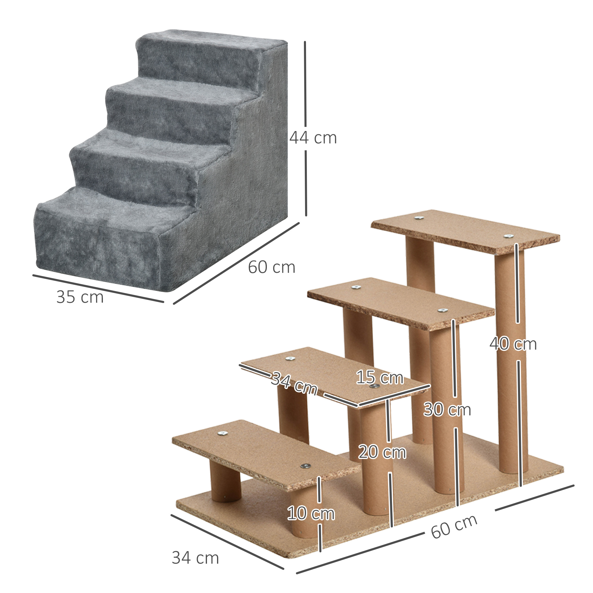 Hundetreppe 4-stufig, 35 cm Katzentreppe für Bett und Sofa, Haustiertreppe für Hunde und Katzen bis 5 kg, Plüschoptik, Hellgrau